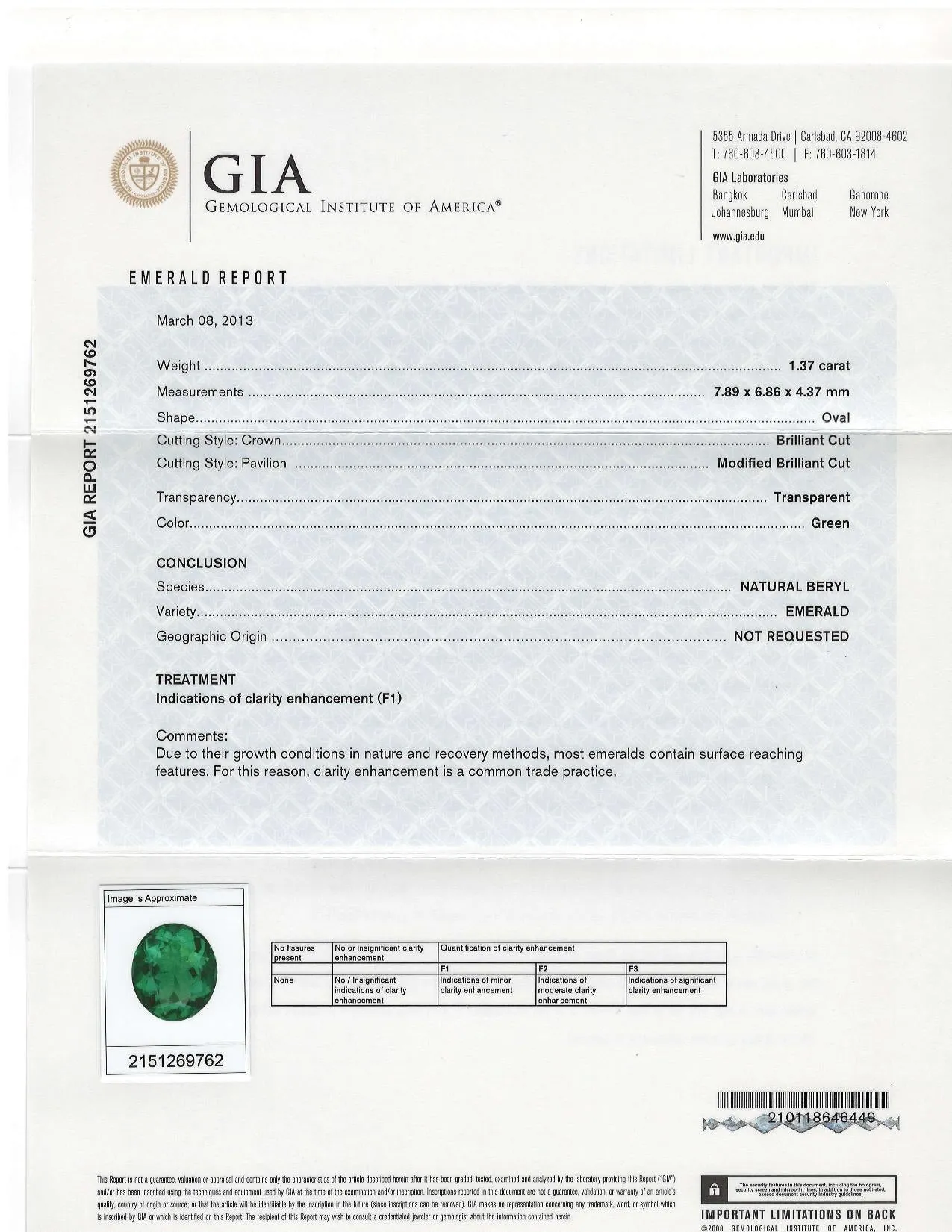 1.37 Carat Emerald Gemstone, GIA Certified