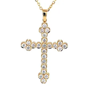 14K Yellow Gold Classic Cross Pendant Necklace With Natural Round Diamonds