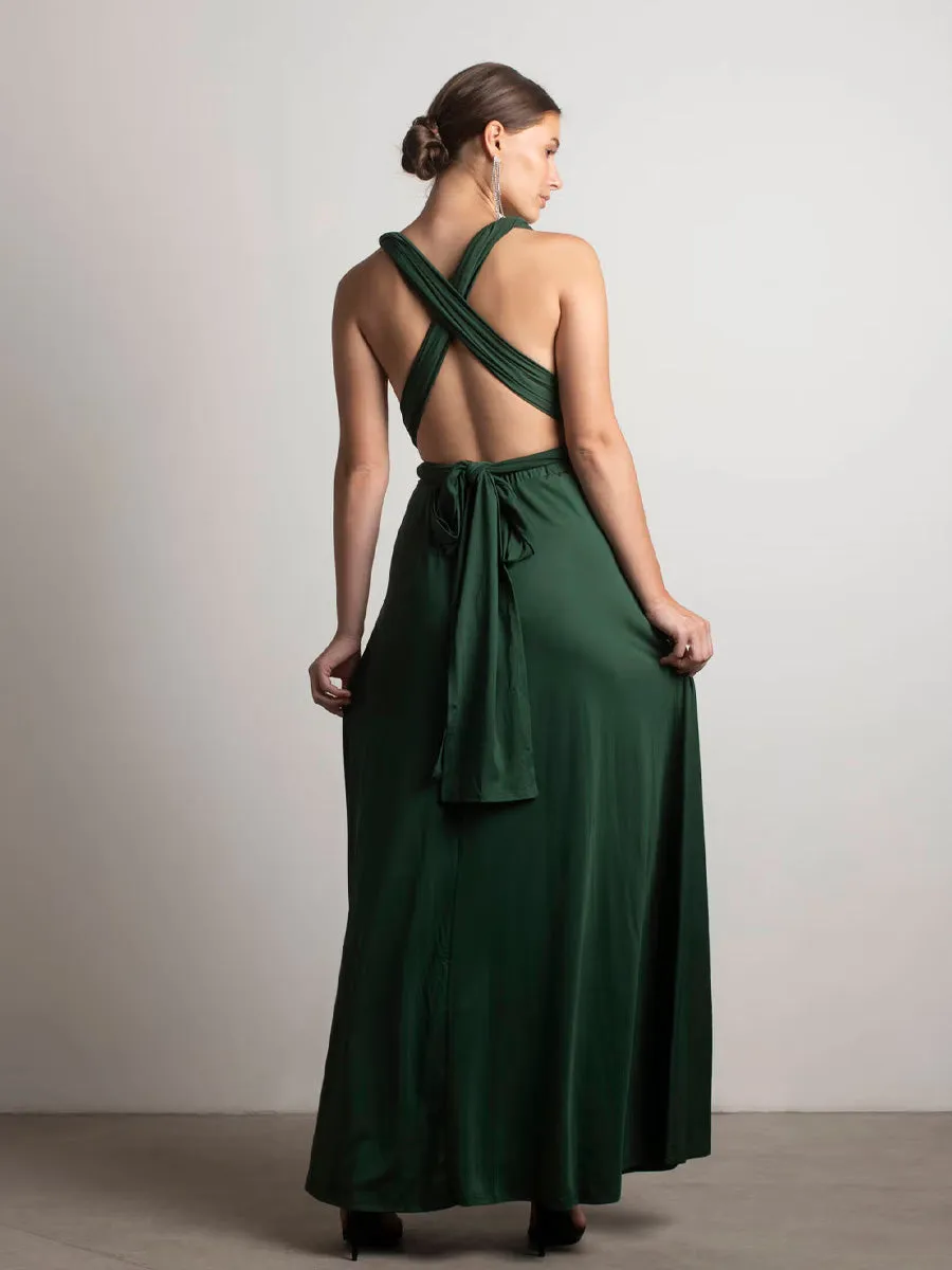 2025 Hunter Green Vegan Sleeveless Bridesmaid Dress, V-Neck Backless High Split Guest Apparel