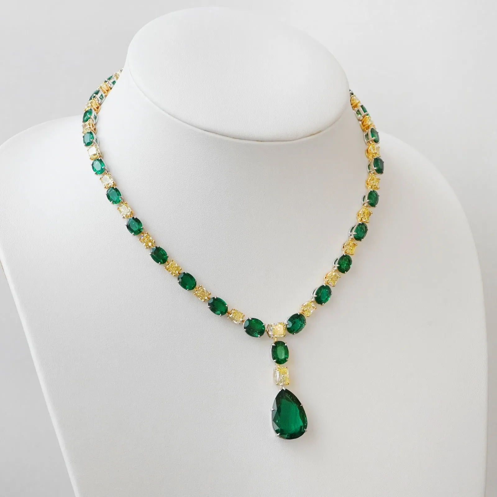 62.67 / 31.86 cts Minor Emerald with Yellow Cushion Diamond Necklace (ENQUIRE)