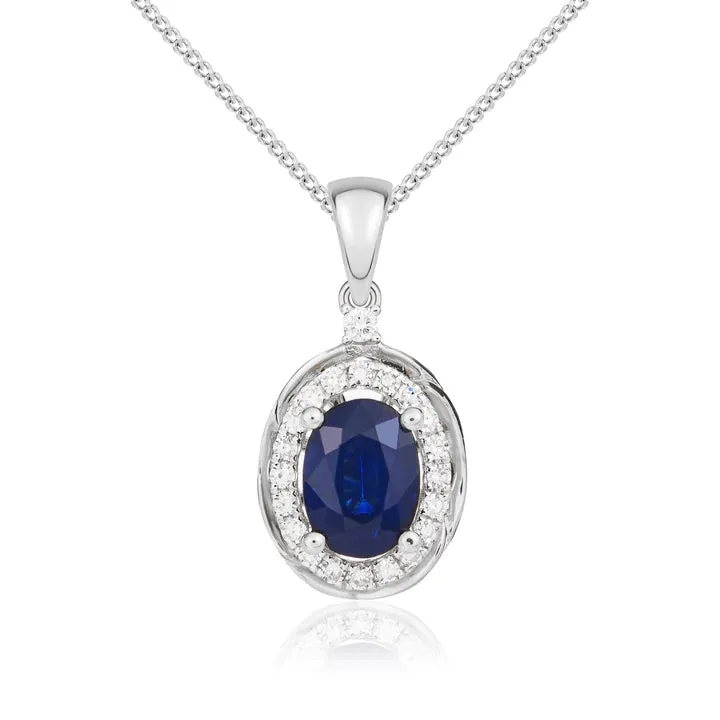 9ct White Gold Oval Sapphire And Diamond Necklace