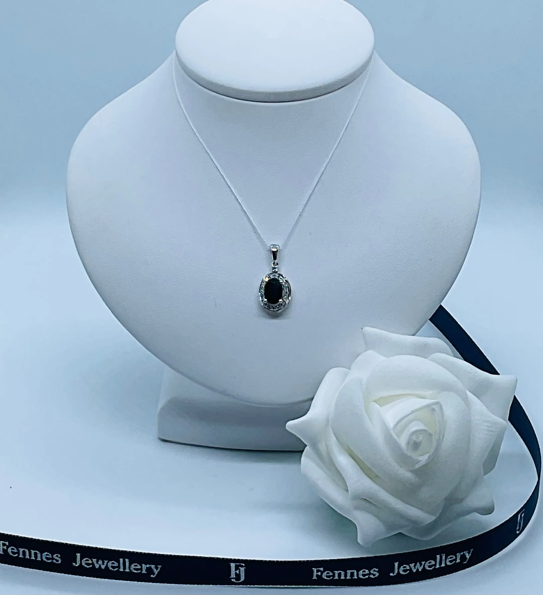 9ct White Gold Oval Sapphire And Diamond Necklace