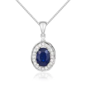 9ct White Gold Oval Sapphire And Diamond Necklace