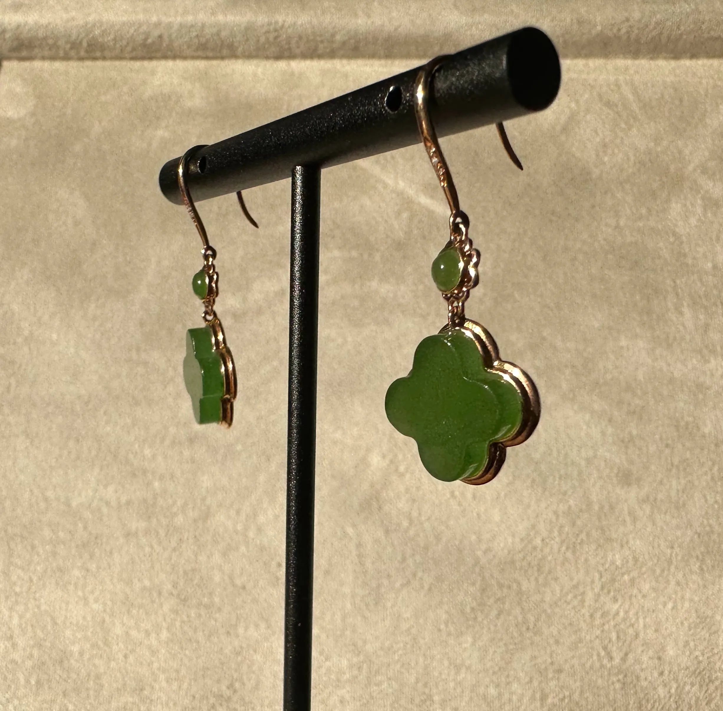AA Siberian Jade Clover Earrings, Set on 18k