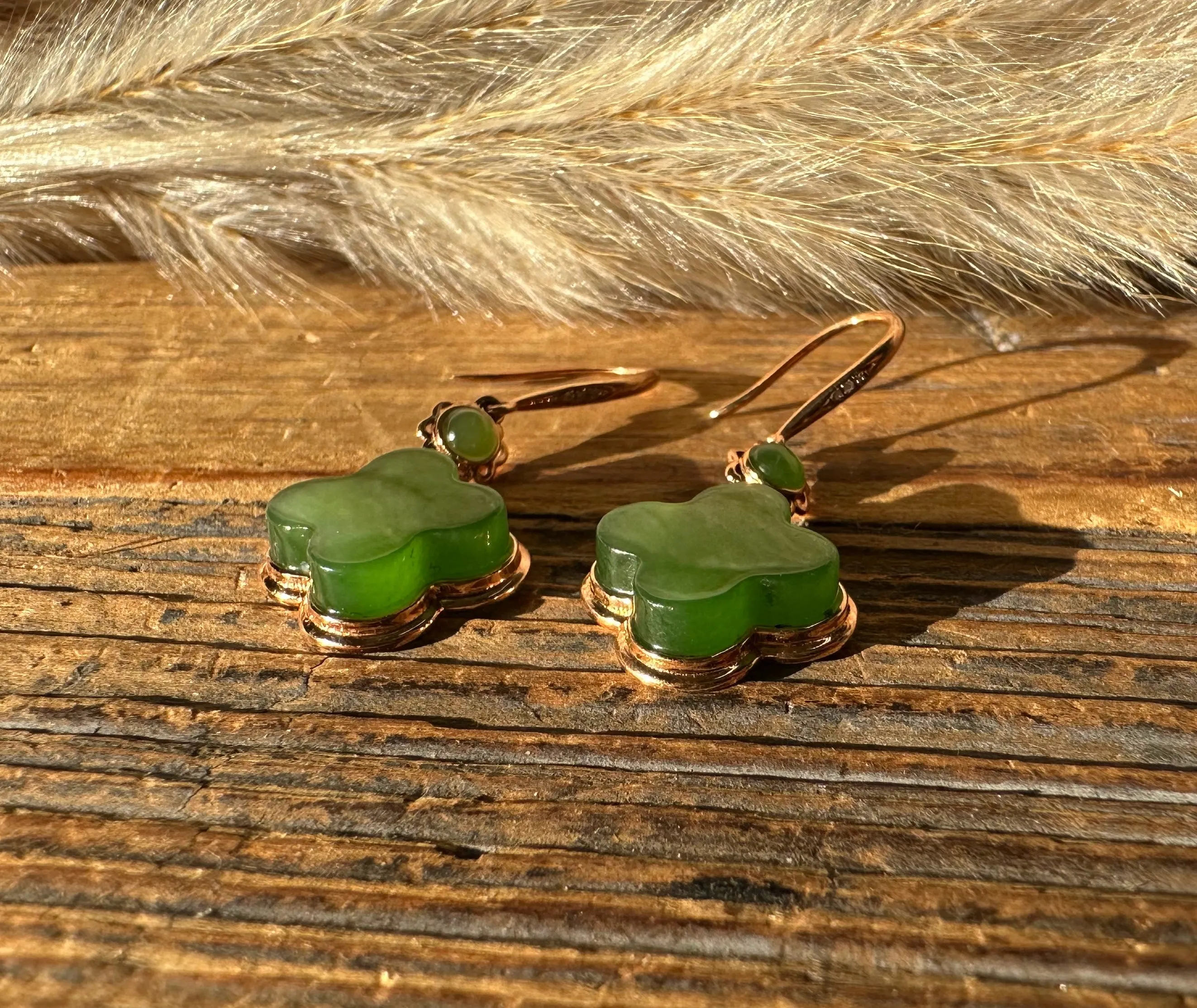 AA Siberian Jade Clover Earrings, Set on 18k