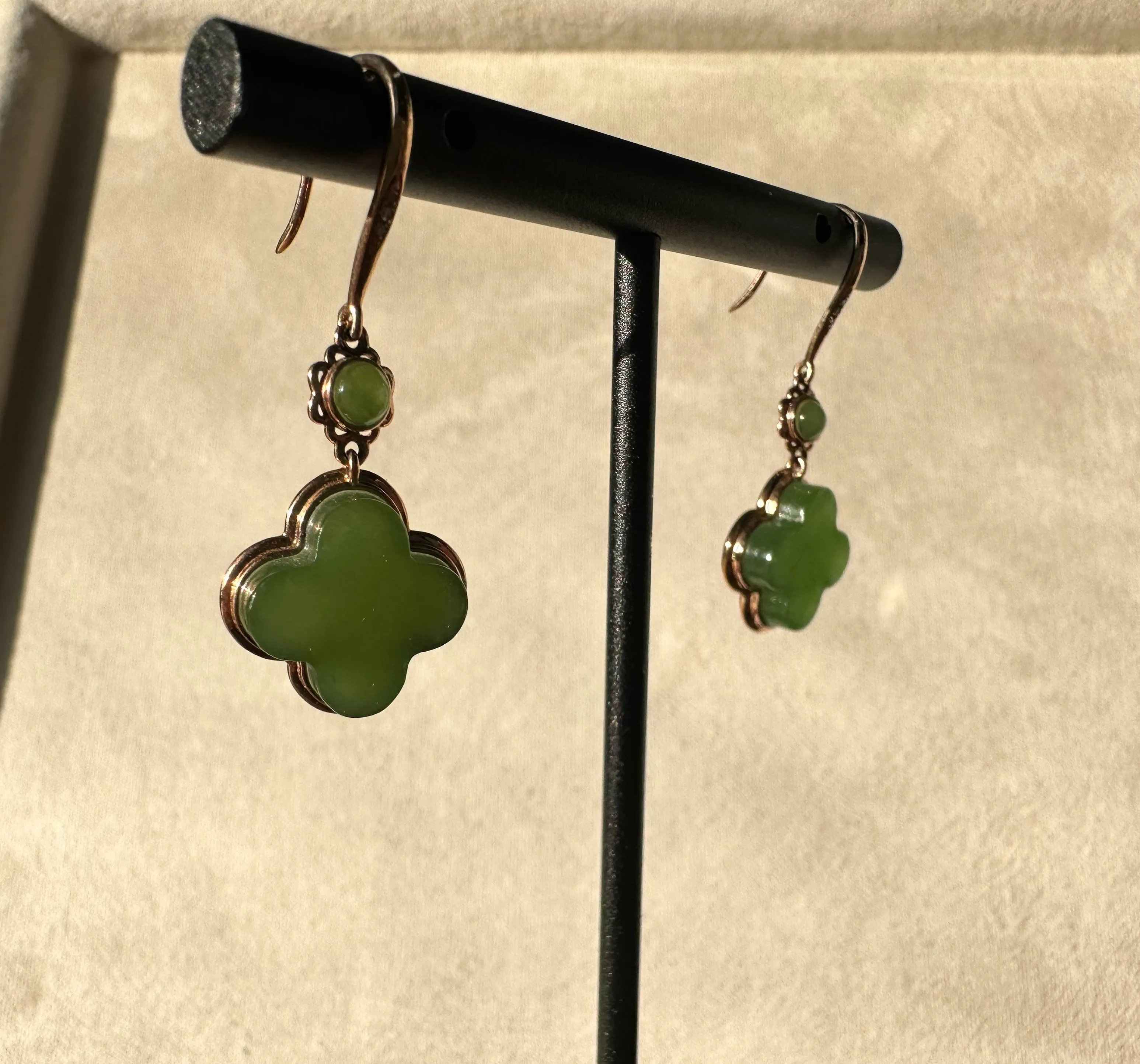 AA Siberian Jade Clover Earrings, Set on 18k