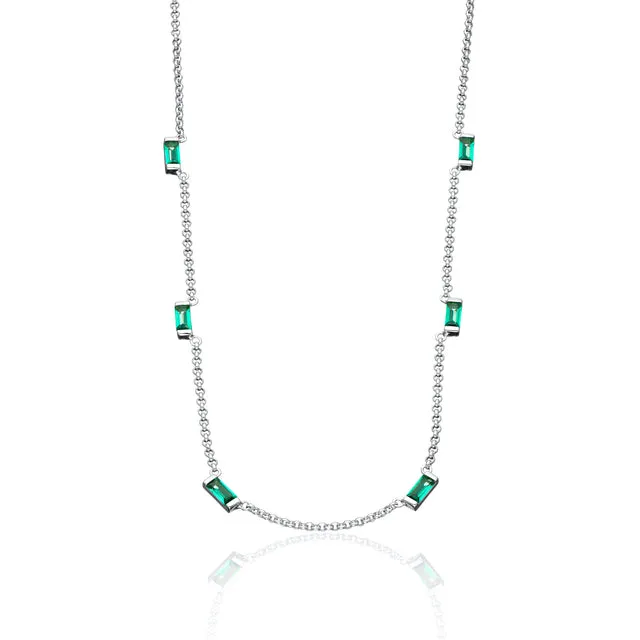 Cleopatra Green Baguette Chain Necklace - Silver - SPS-85