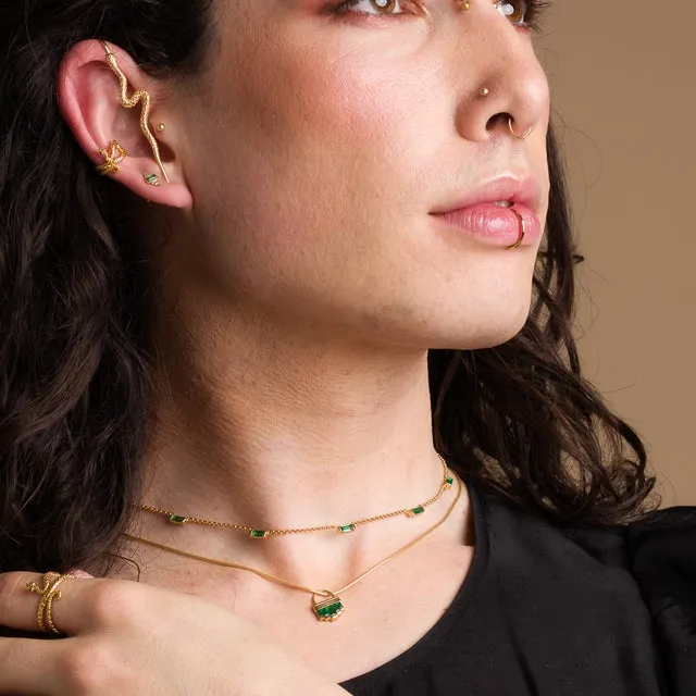 Cleopatra Green Baguette Chain Necklace - Silver - SPS-85