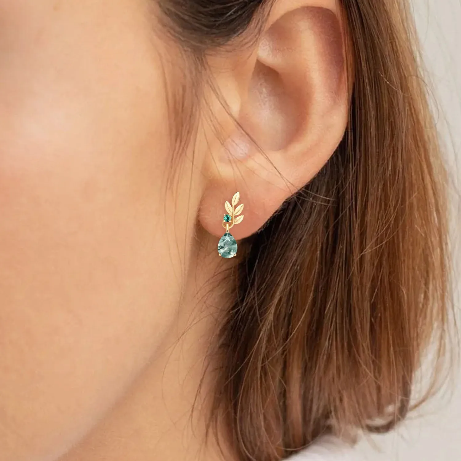 Dainty Olive Leaf Necklace 14k Yellow Gold Teardrop Moss Agate Pendant Nature Inspired Emerald Moss Chain Necklace Valentines Gift for Women