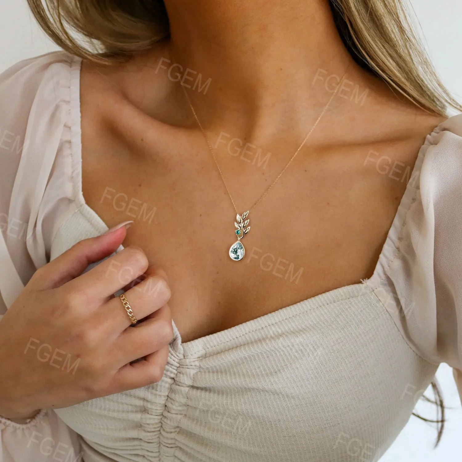 Dainty Olive Leaf Necklace 14k Yellow Gold Teardrop Moss Agate Pendant Nature Inspired Emerald Moss Chain Necklace Valentines Gift for Women