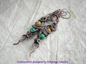 Dragon Tail Earrings, Copper Wire Wrap, Gold & Green Gemstone