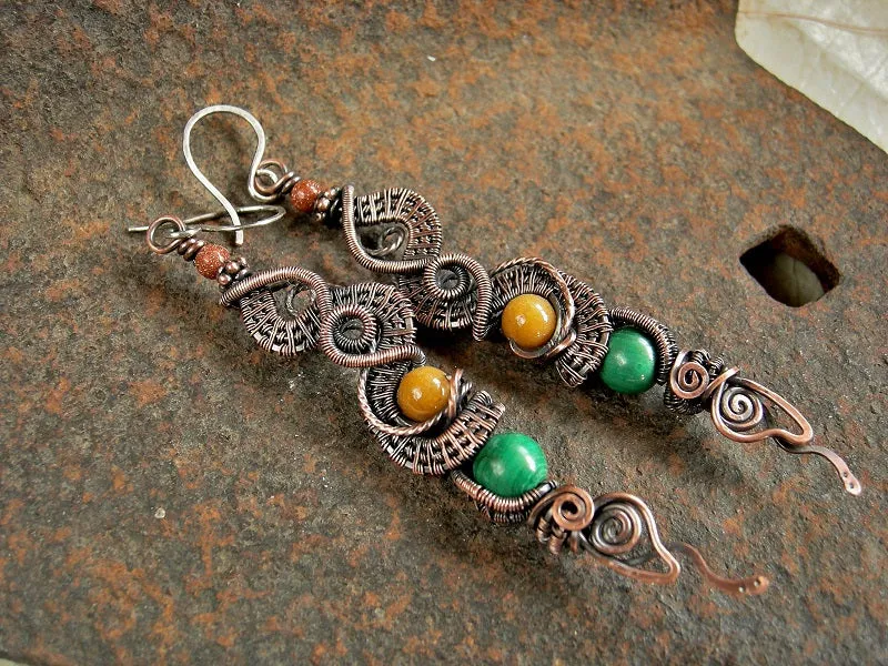 Dragon Tail Earrings, Copper Wire Wrap, Gold & Green Gemstone