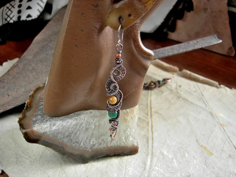 Dragon Tail Earrings, Copper Wire Wrap, Gold & Green Gemstone