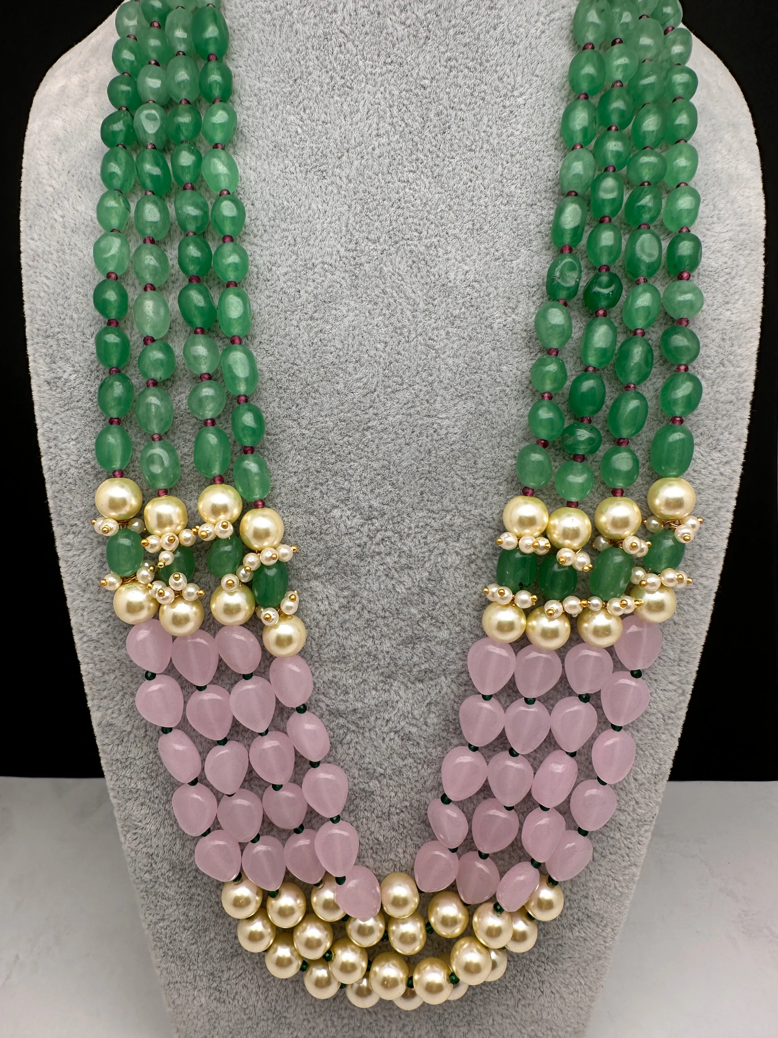 Emerald Pink Beads Pearls Multi Layer Necklace