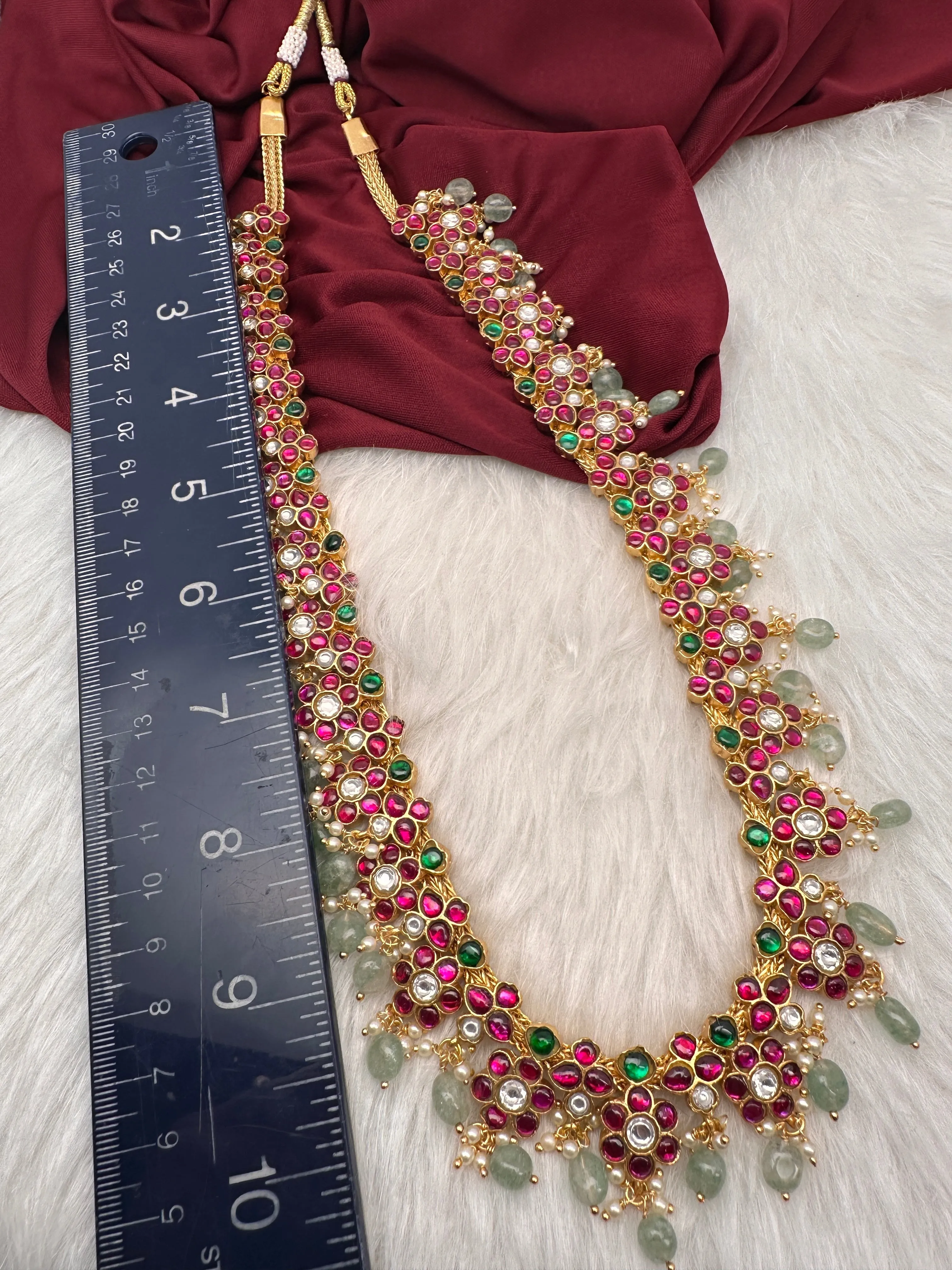 Jadau Kundan Floral Long Necklace with Emerald Beads