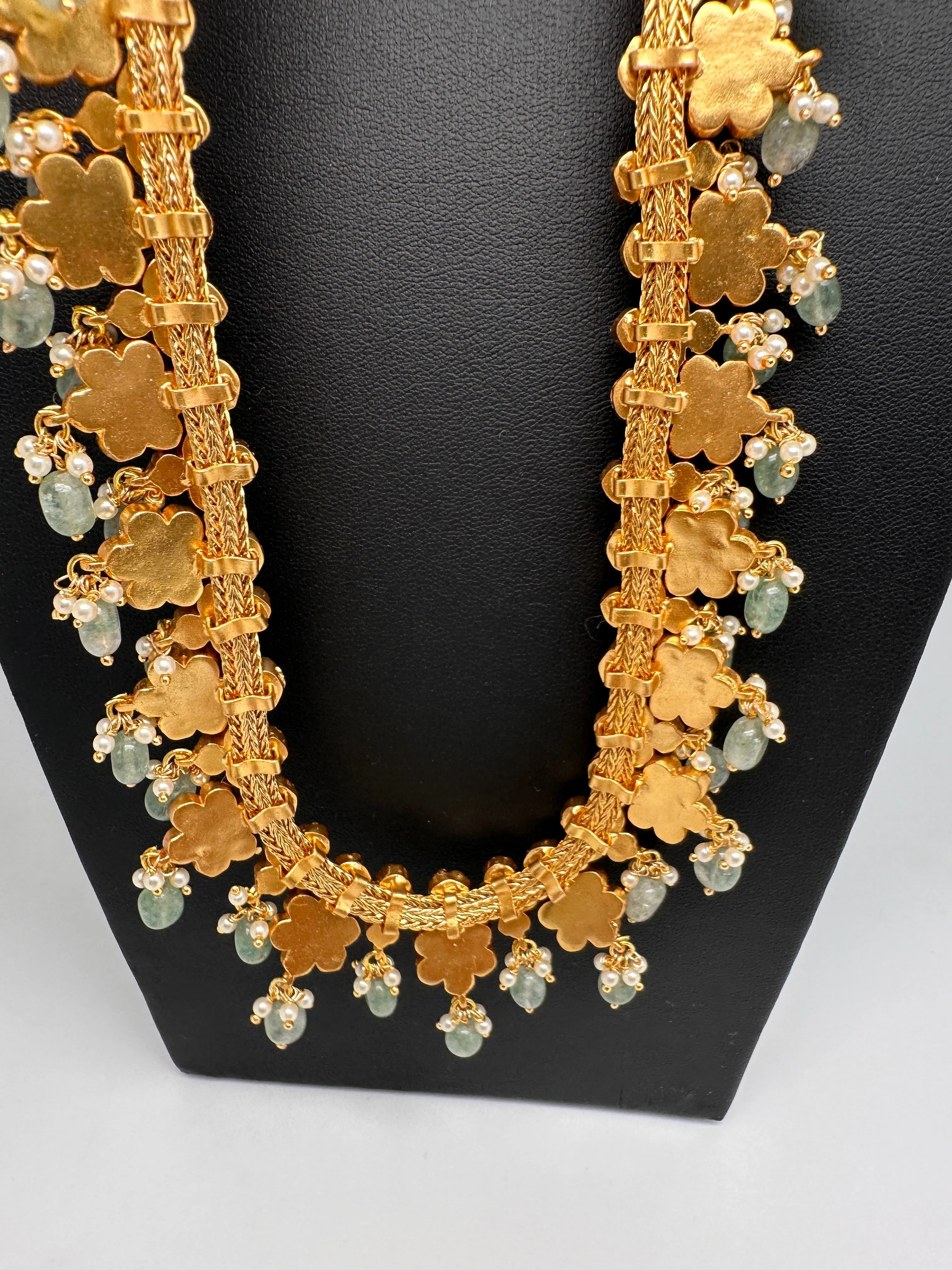 Jadau Kundan Floral Long Necklace with Emerald Beads