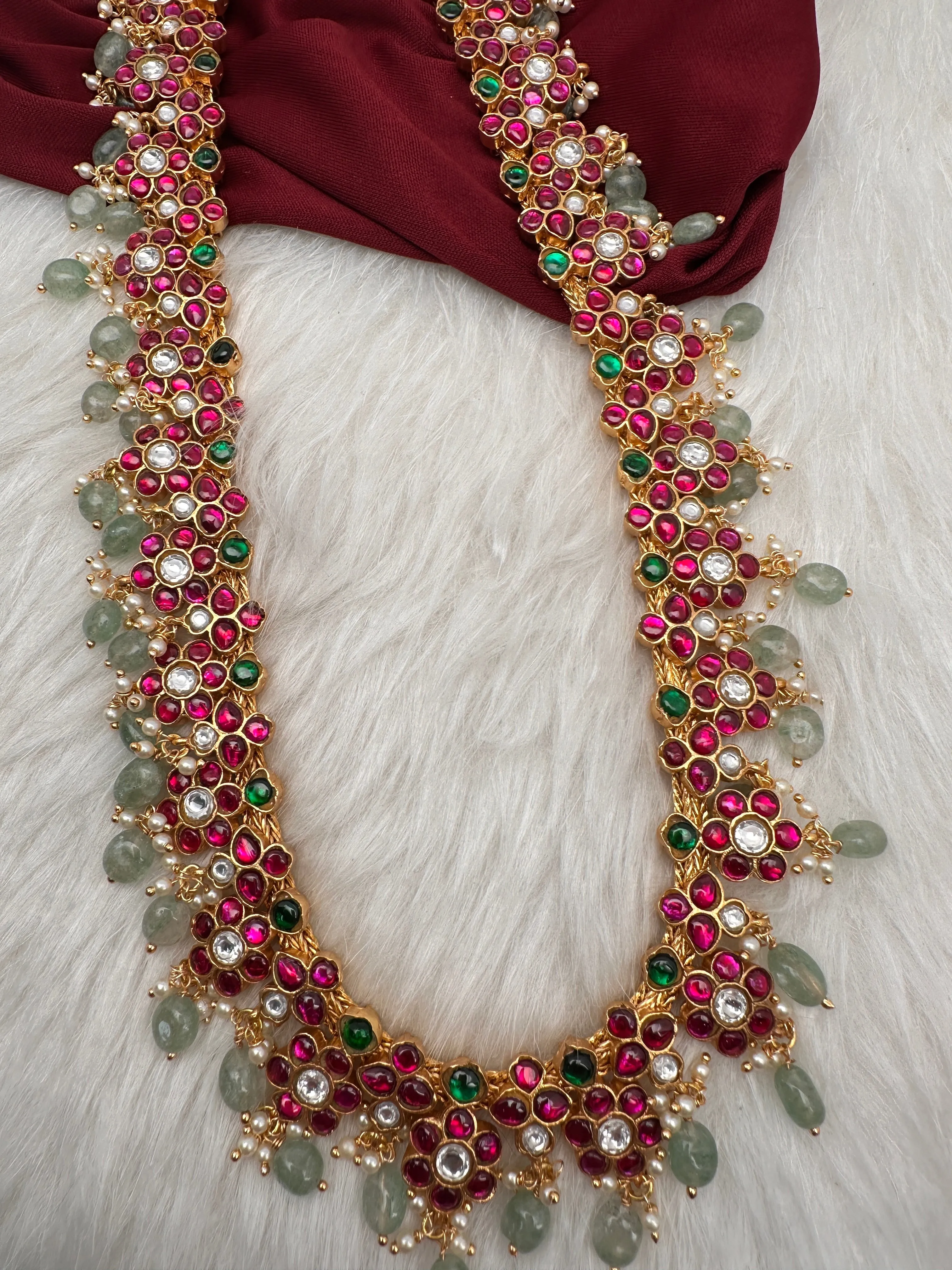 Jadau Kundan Floral Long Necklace with Emerald Beads