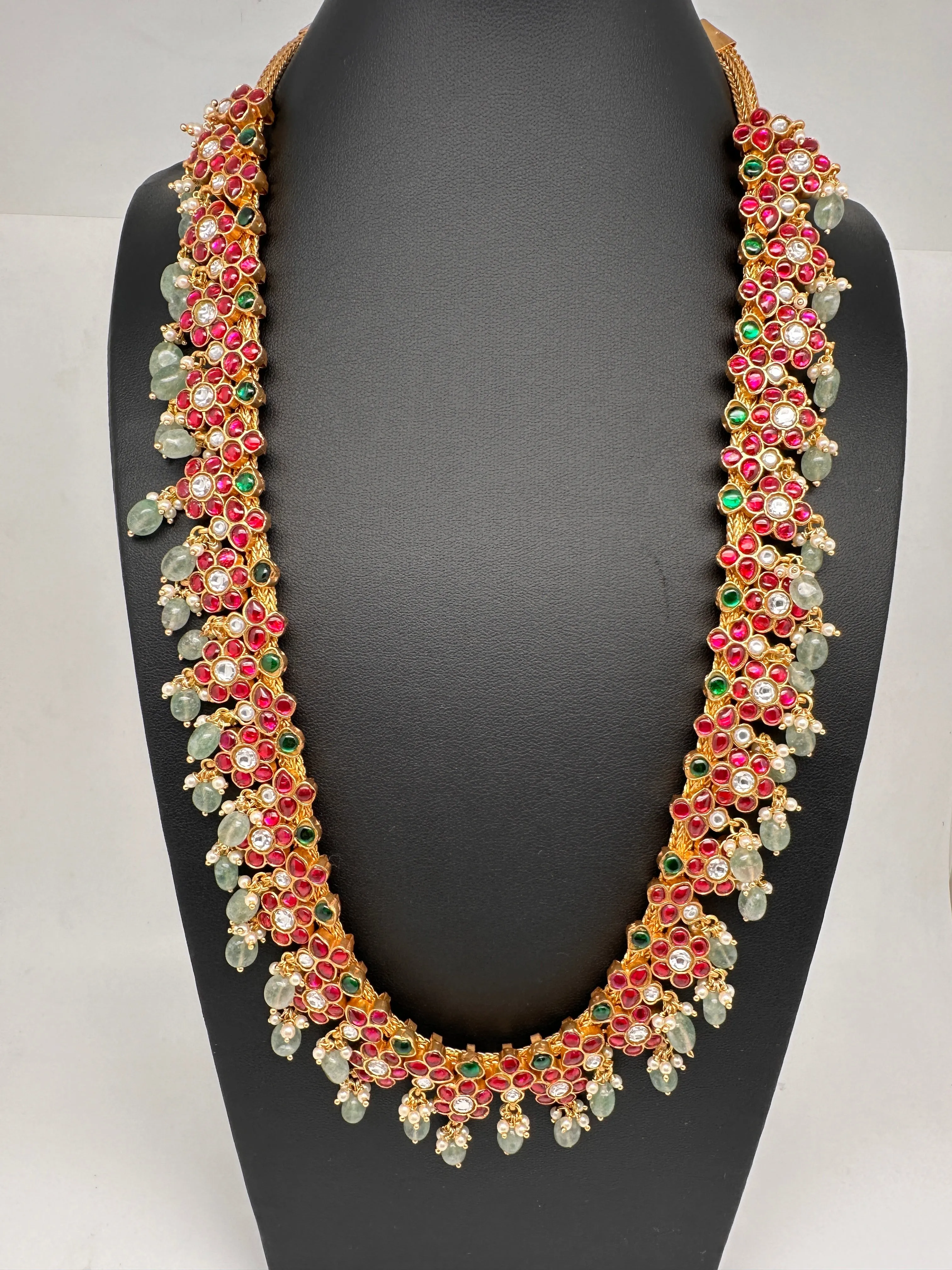 Jadau Kundan Floral Long Necklace with Emerald Beads