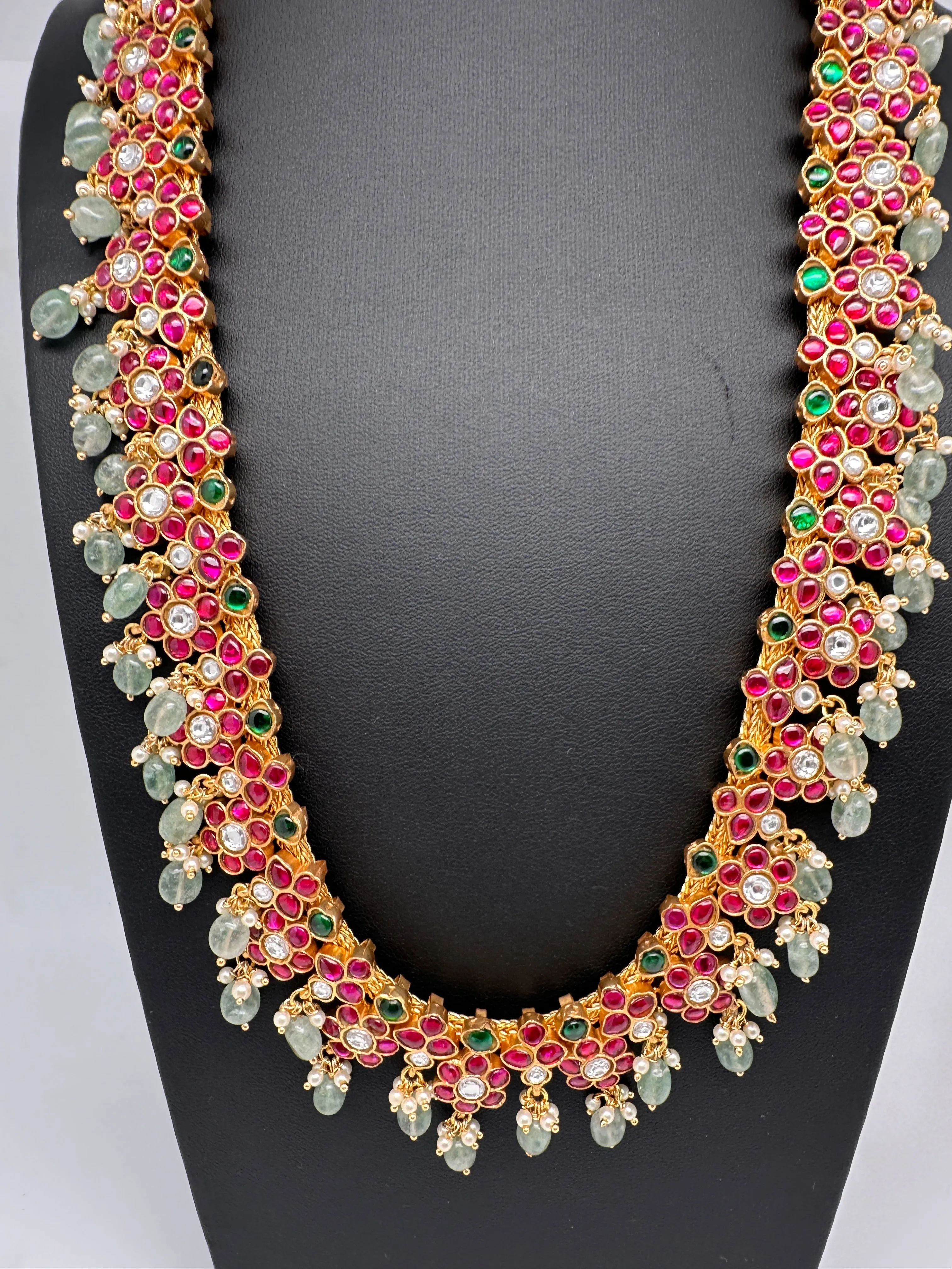 Jadau Kundan Floral Long Necklace with Emerald Beads