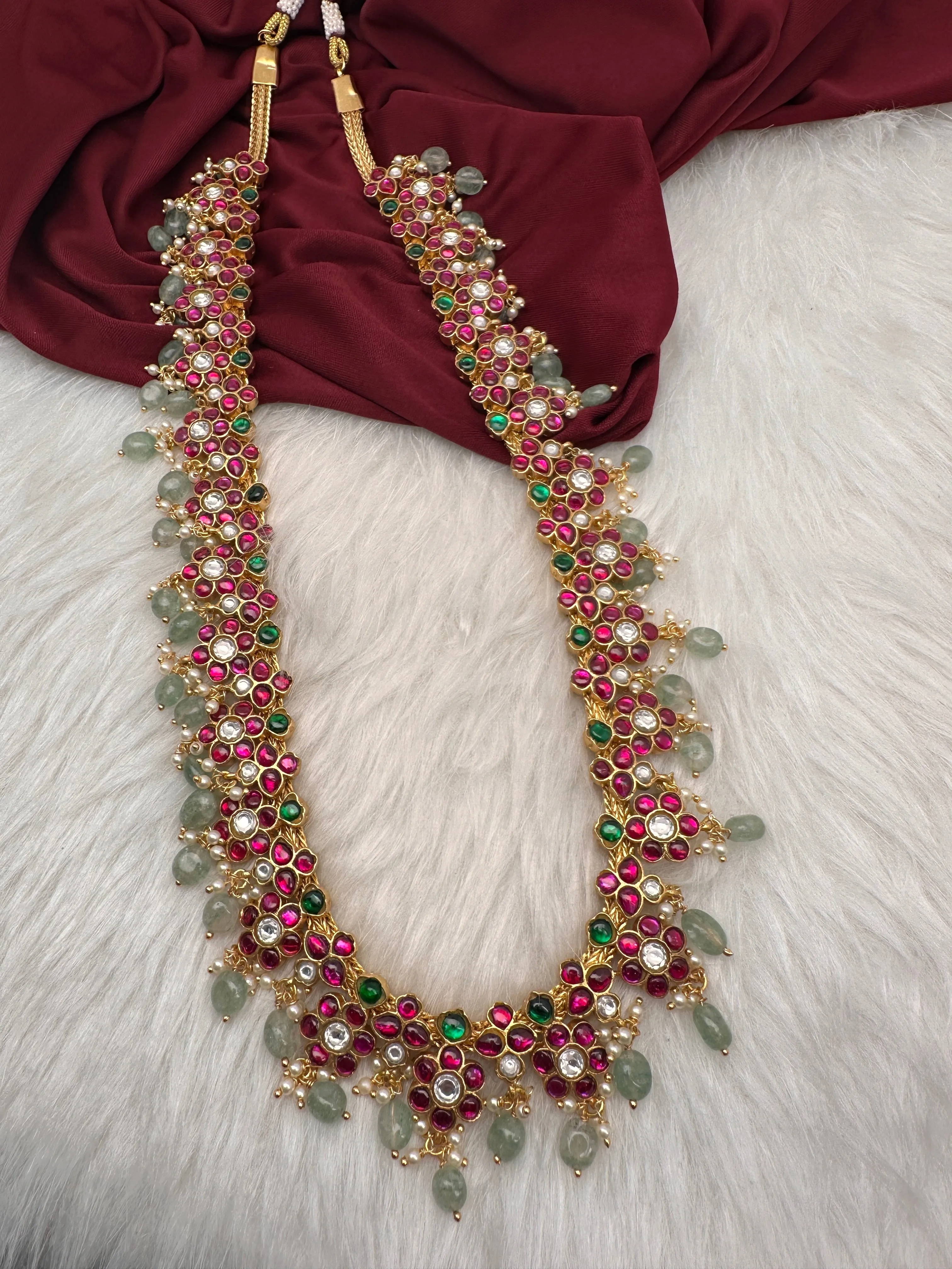 Jadau Kundan Floral Long Necklace with Emerald Beads