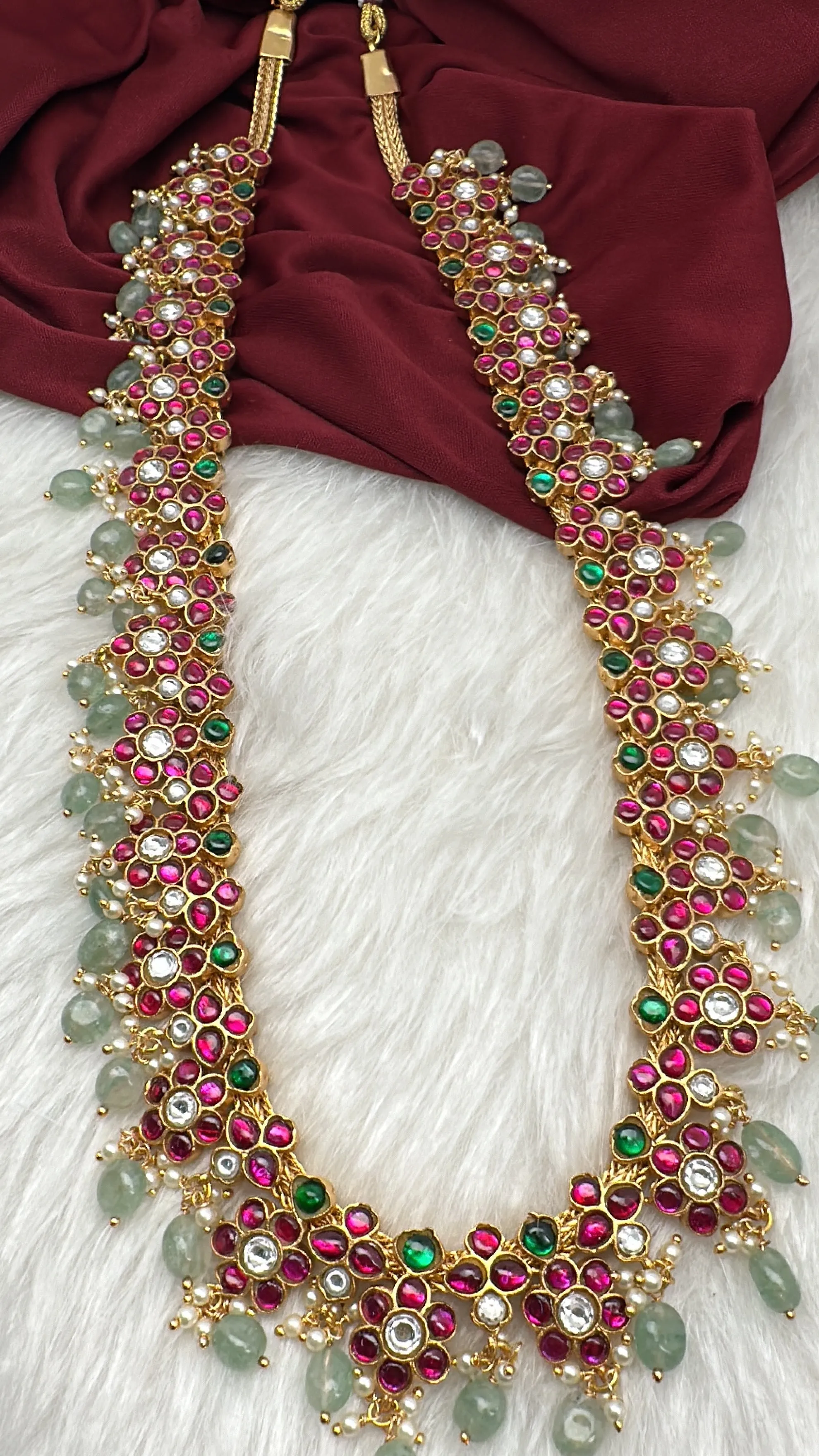Jadau Kundan Floral Long Necklace with Emerald Beads