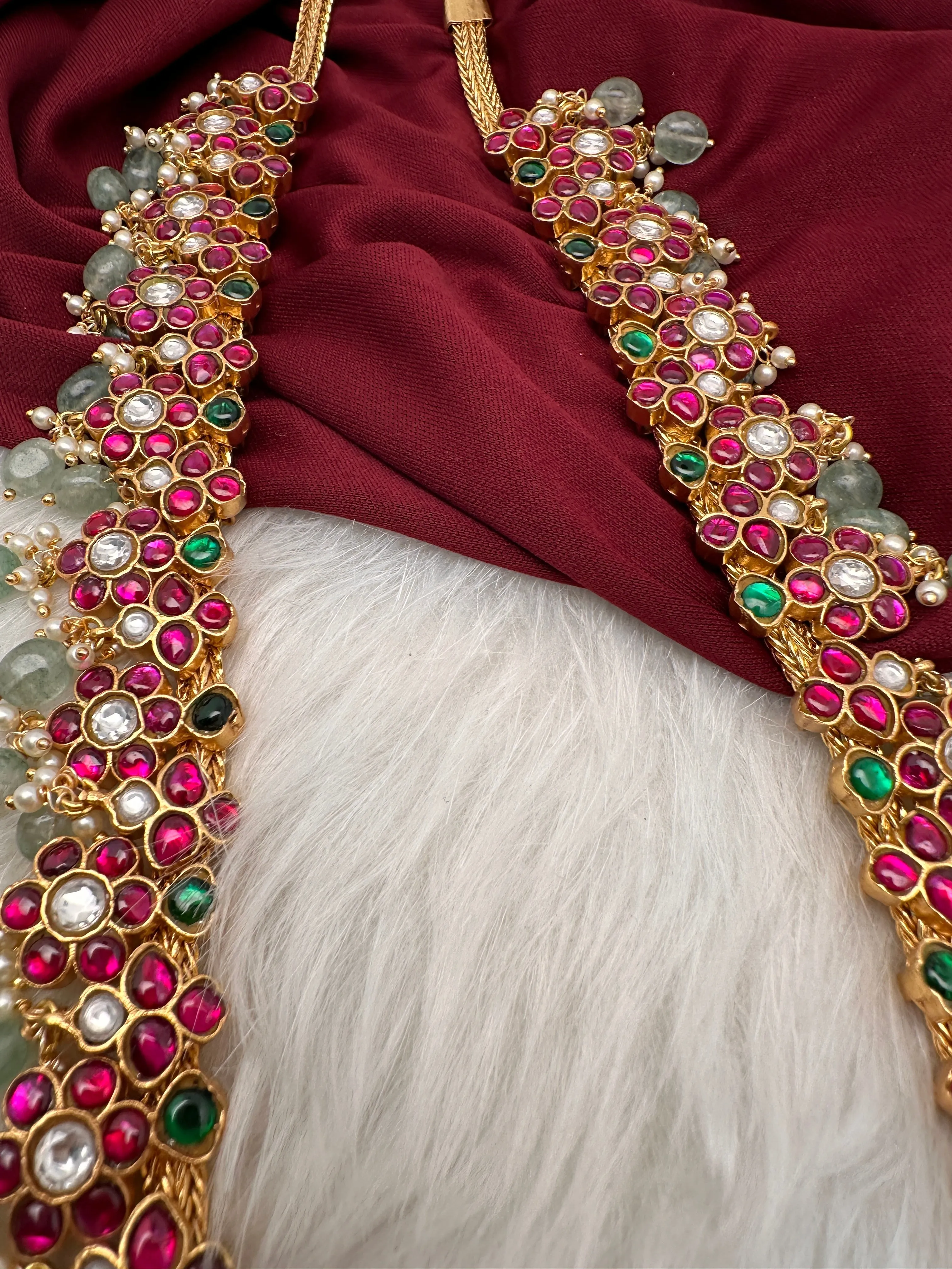 Jadau Kundan Floral Long Necklace with Emerald Beads