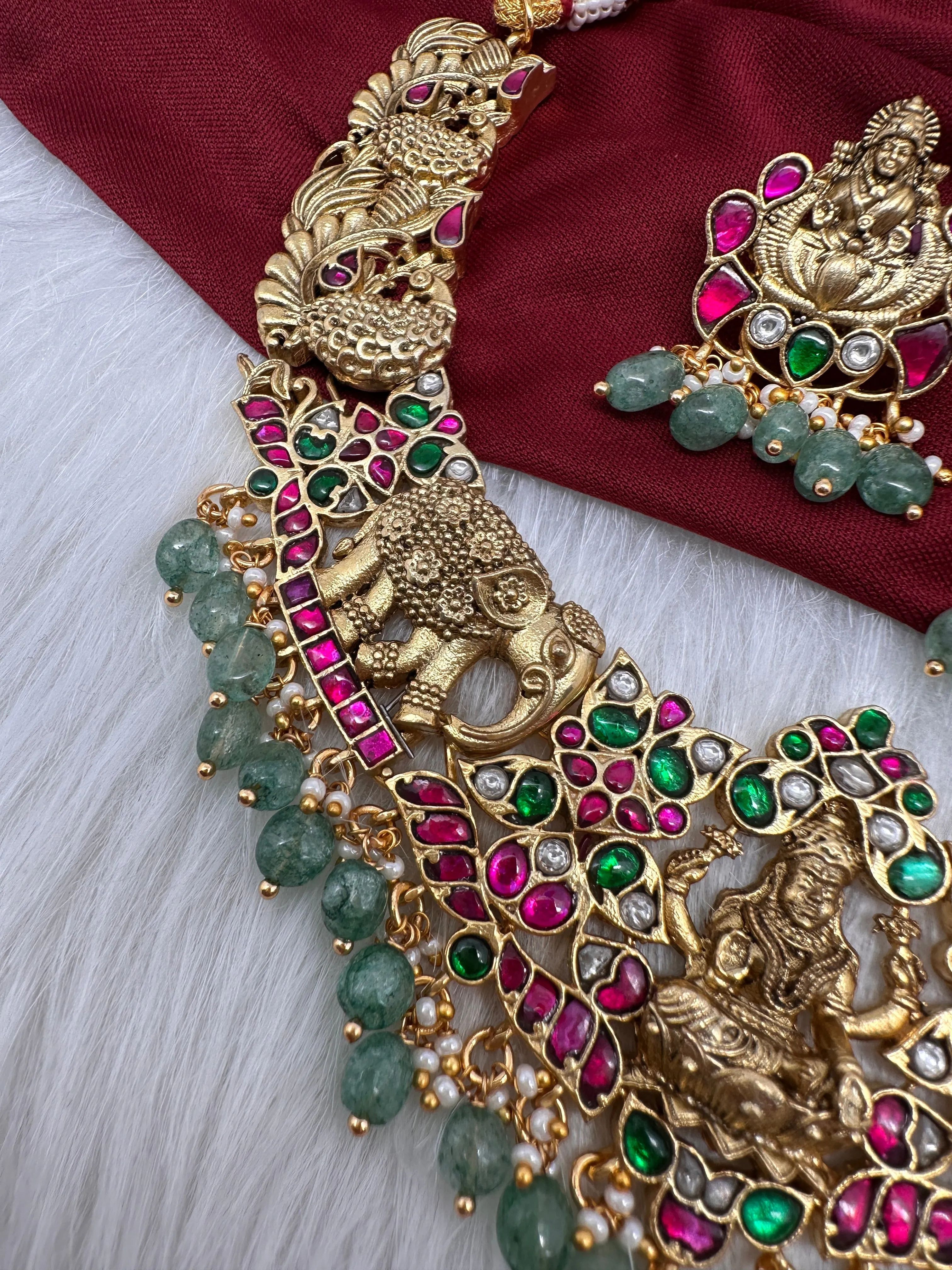 Jadau Kundan Goddess Lakshmi  Elephant Antique Matte Short Neckline Necklace