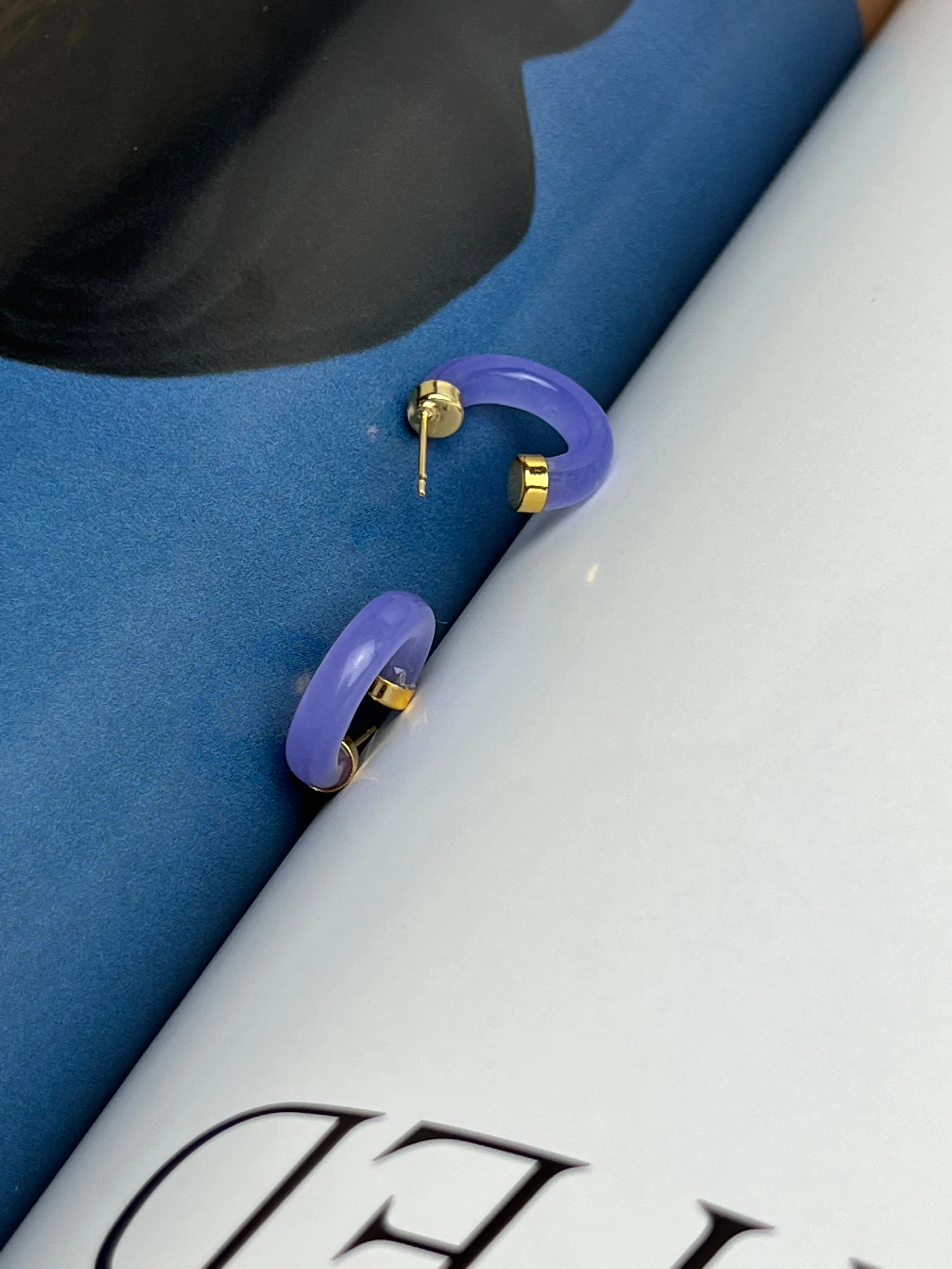 Lavender Jade Gold Half Hoop Earrings