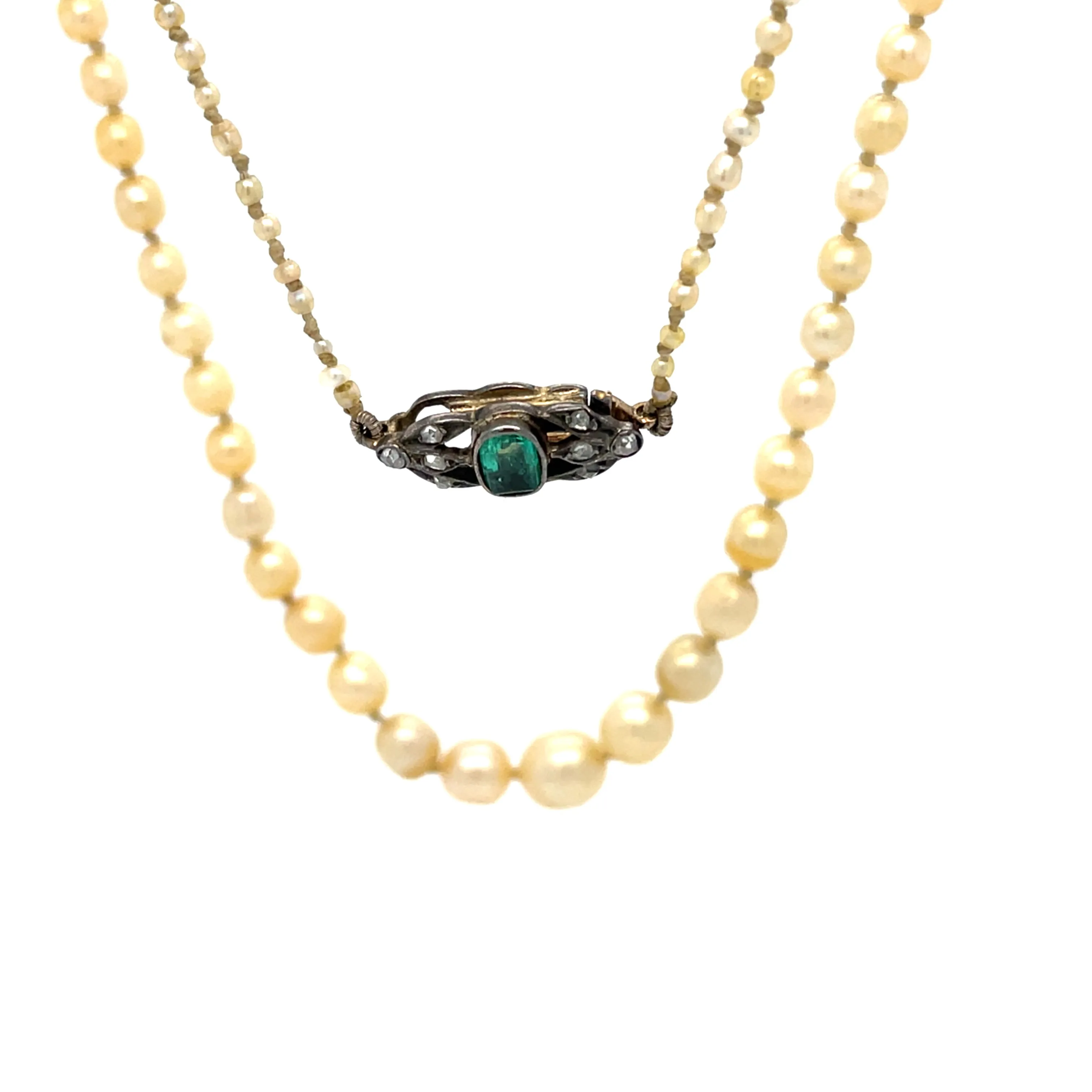 Natural Saltwater Pearl Necklace with Emerald and Diamond Clasp