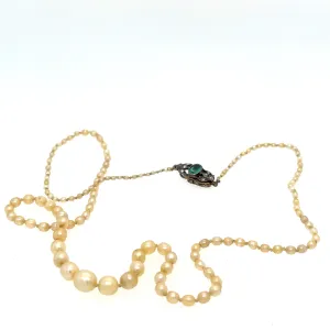 Natural Saltwater Pearl Necklace with Emerald and Diamond Clasp