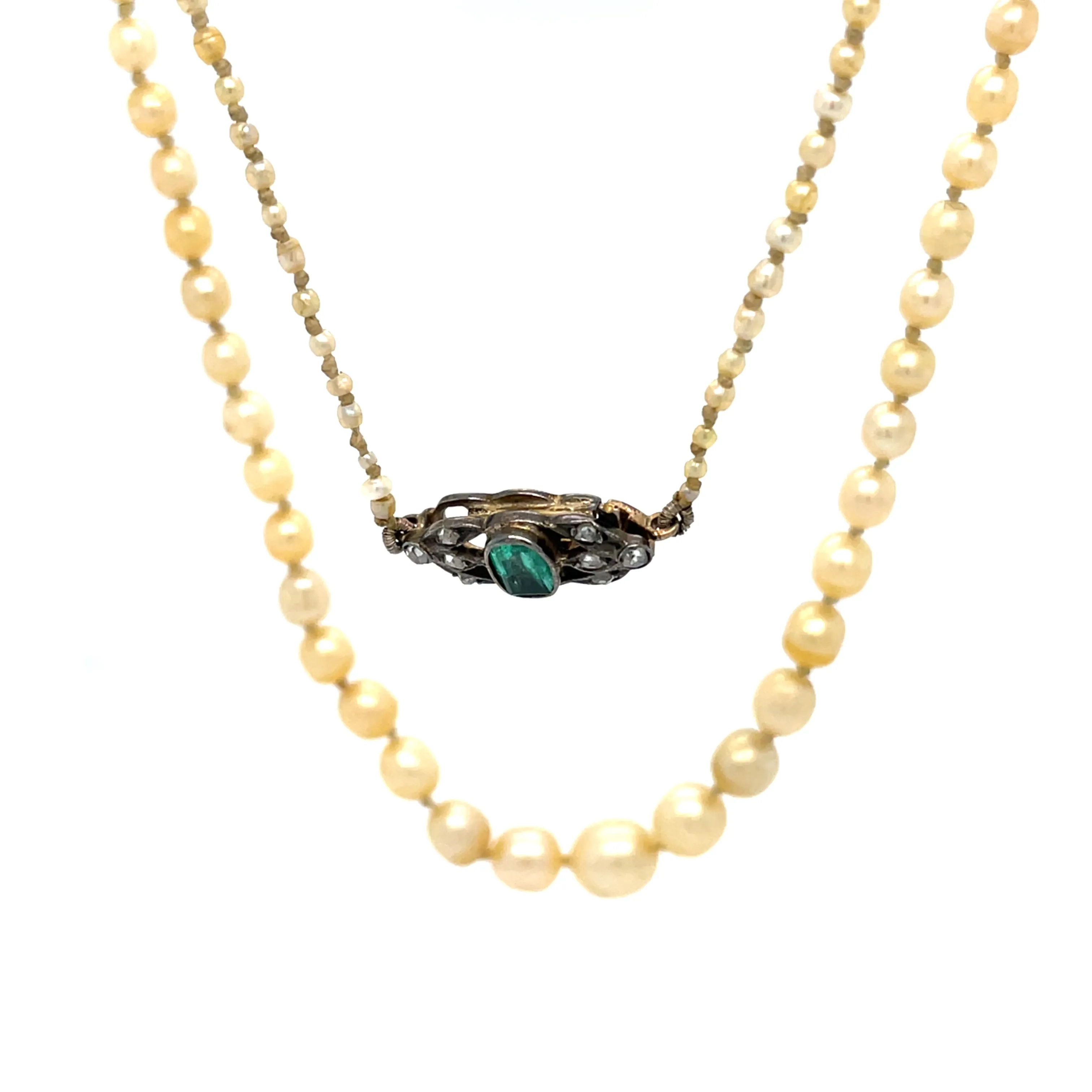 Natural Saltwater Pearl Necklace with Emerald and Diamond Clasp
