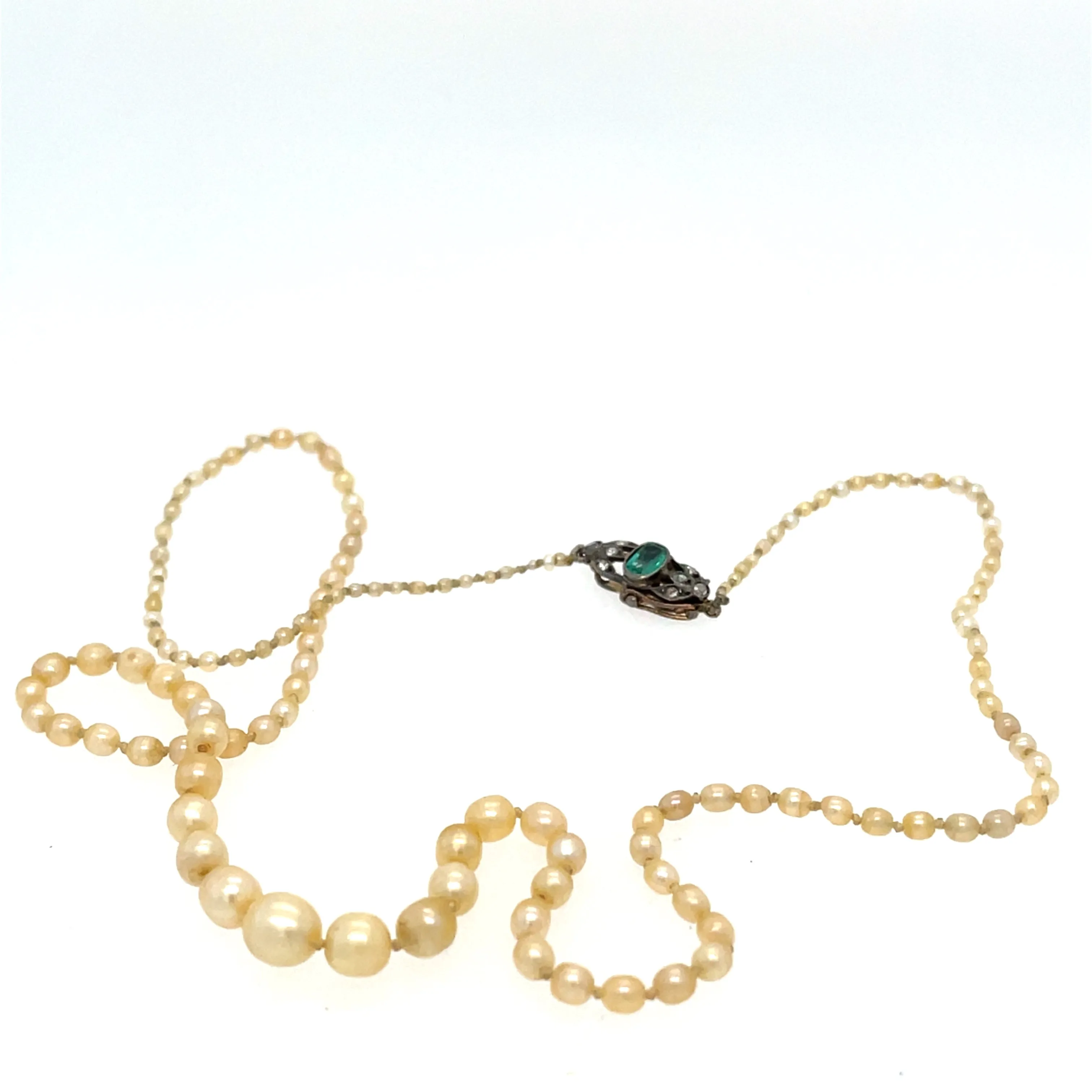 Natural Saltwater Pearl Necklace with Emerald and Diamond Clasp