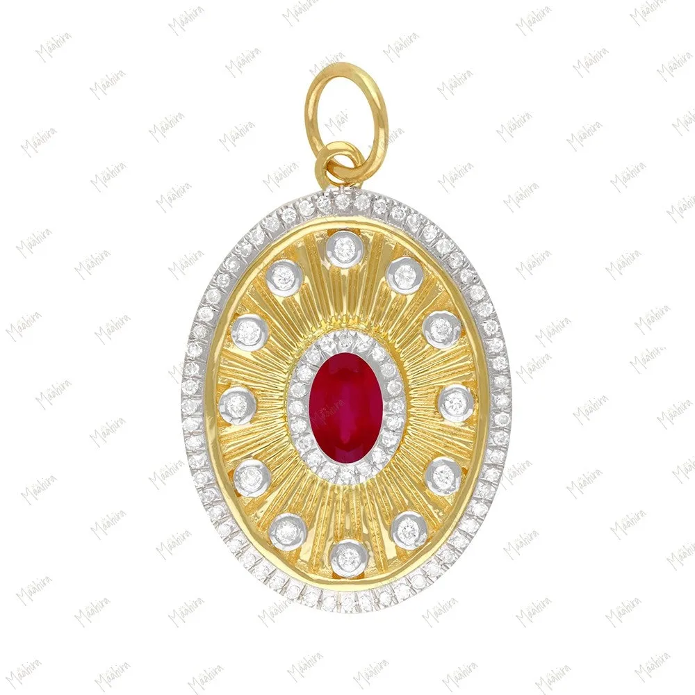 Oval Shape Gold Diamond & Emerald Pendant 17x22mm