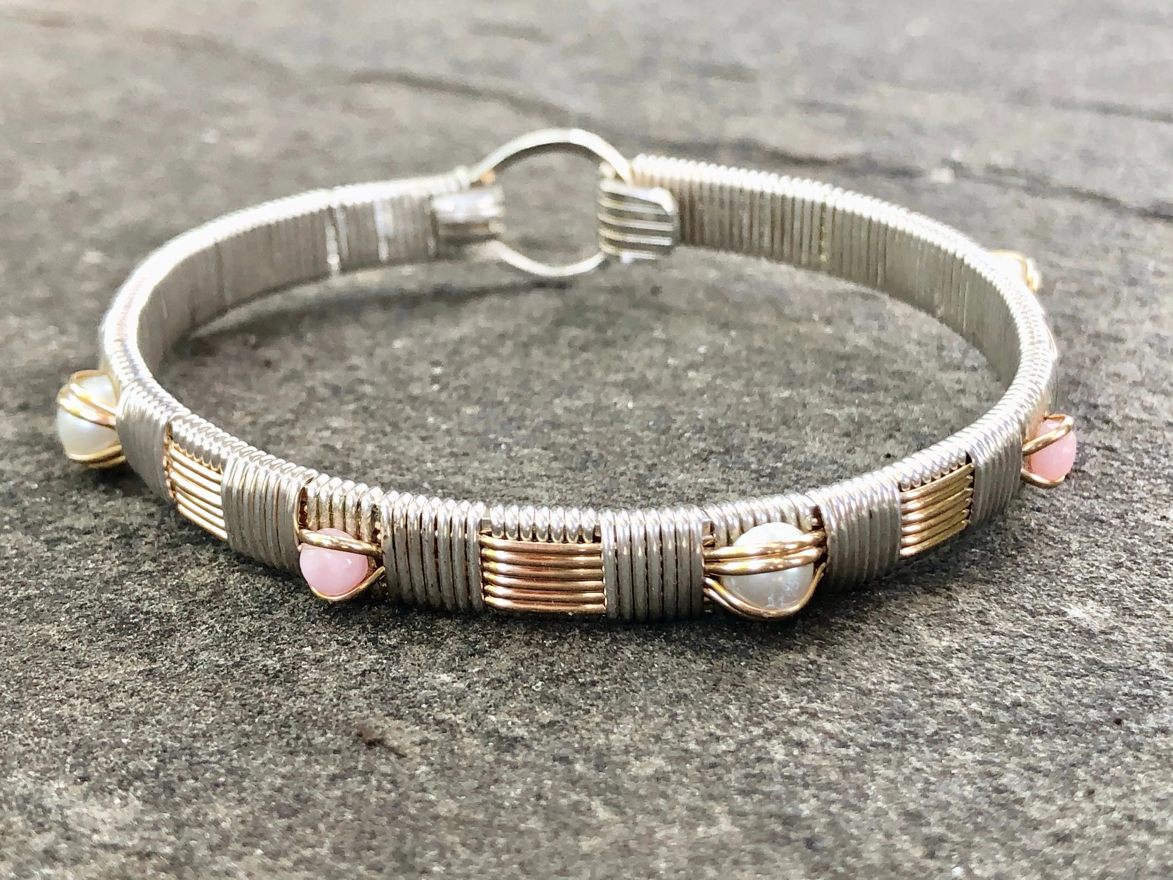 Pink Opal and Pearl Classic Elite Bangle Bracelet