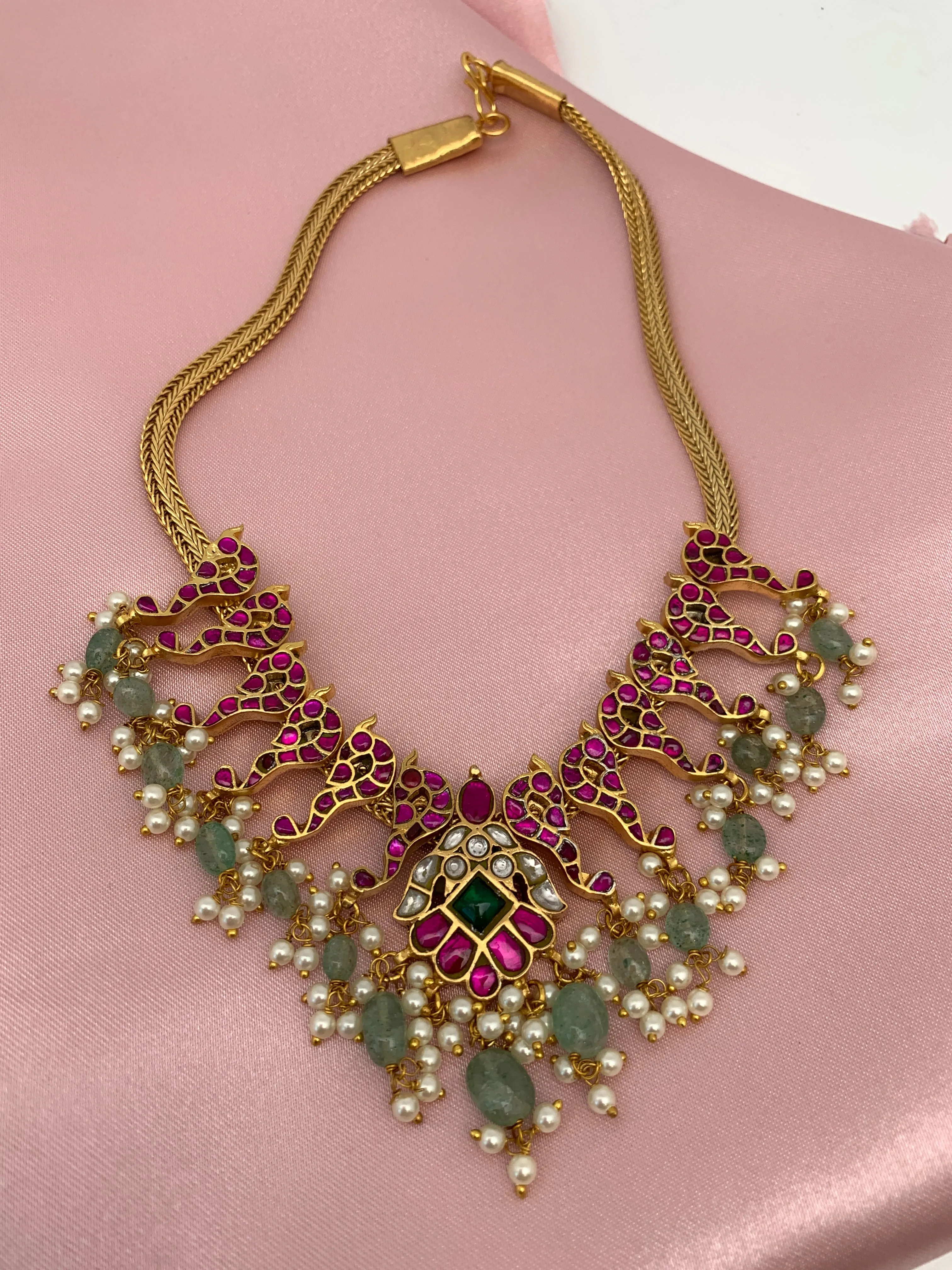 Red Jadau Kundan Emerald BeadsChain Style Neckline Necklace