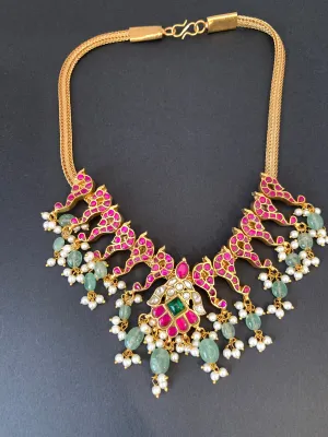 Red Jadau Kundan Emerald BeadsChain Style Neckline Necklace