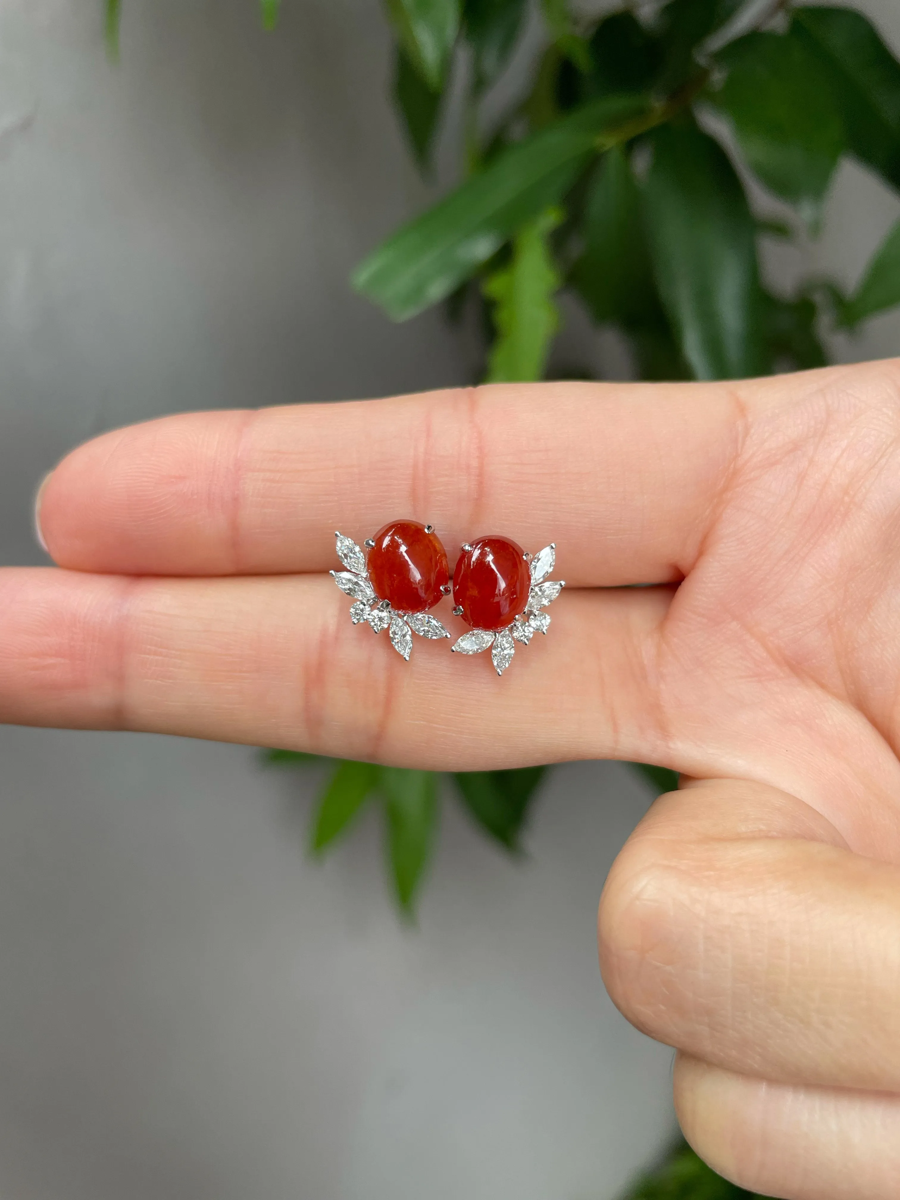 Red Jade Cabochon Earrings (NJE035)