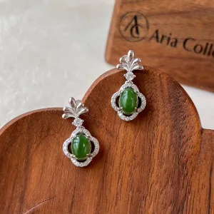 Silver Fern Green Jade Earring Studs, Green Nephrite Jade Sterling Silver Earrings, JSY-0424-12156