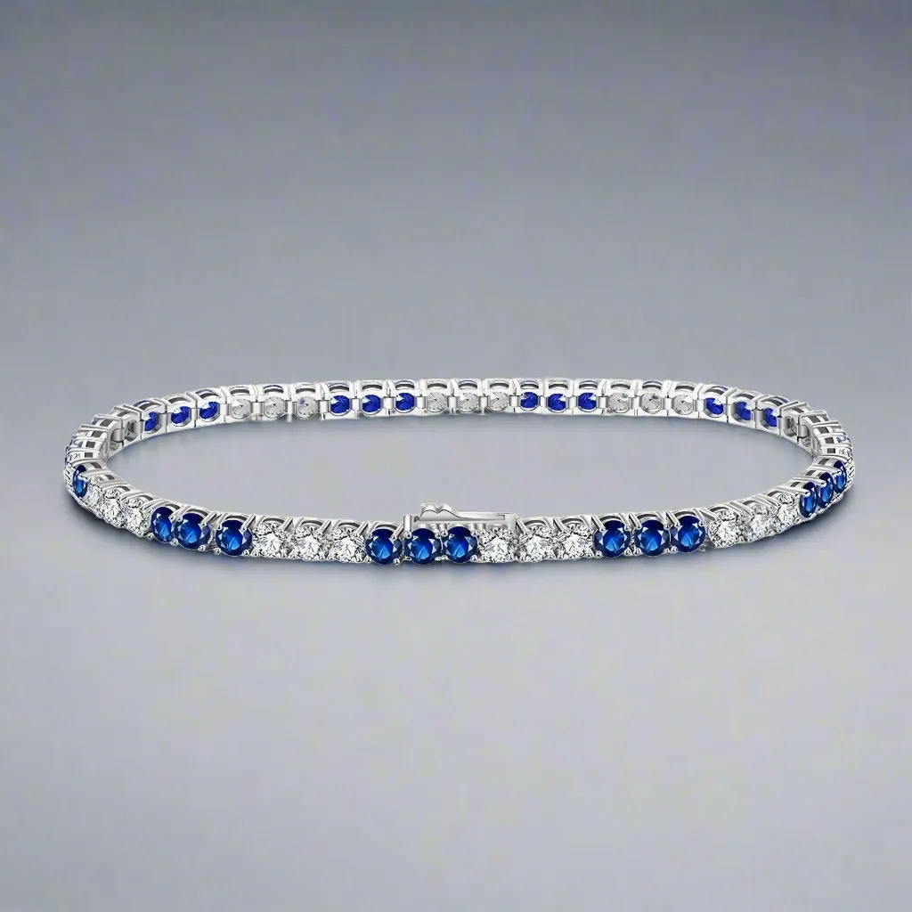 Sterling Silver 3 Alternating Sapphire and Clear 3mm CZ Bracelet