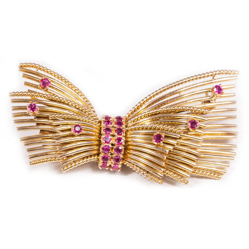 Stunning Antique Ruby Bow Brooch in 14ct yellow Gold