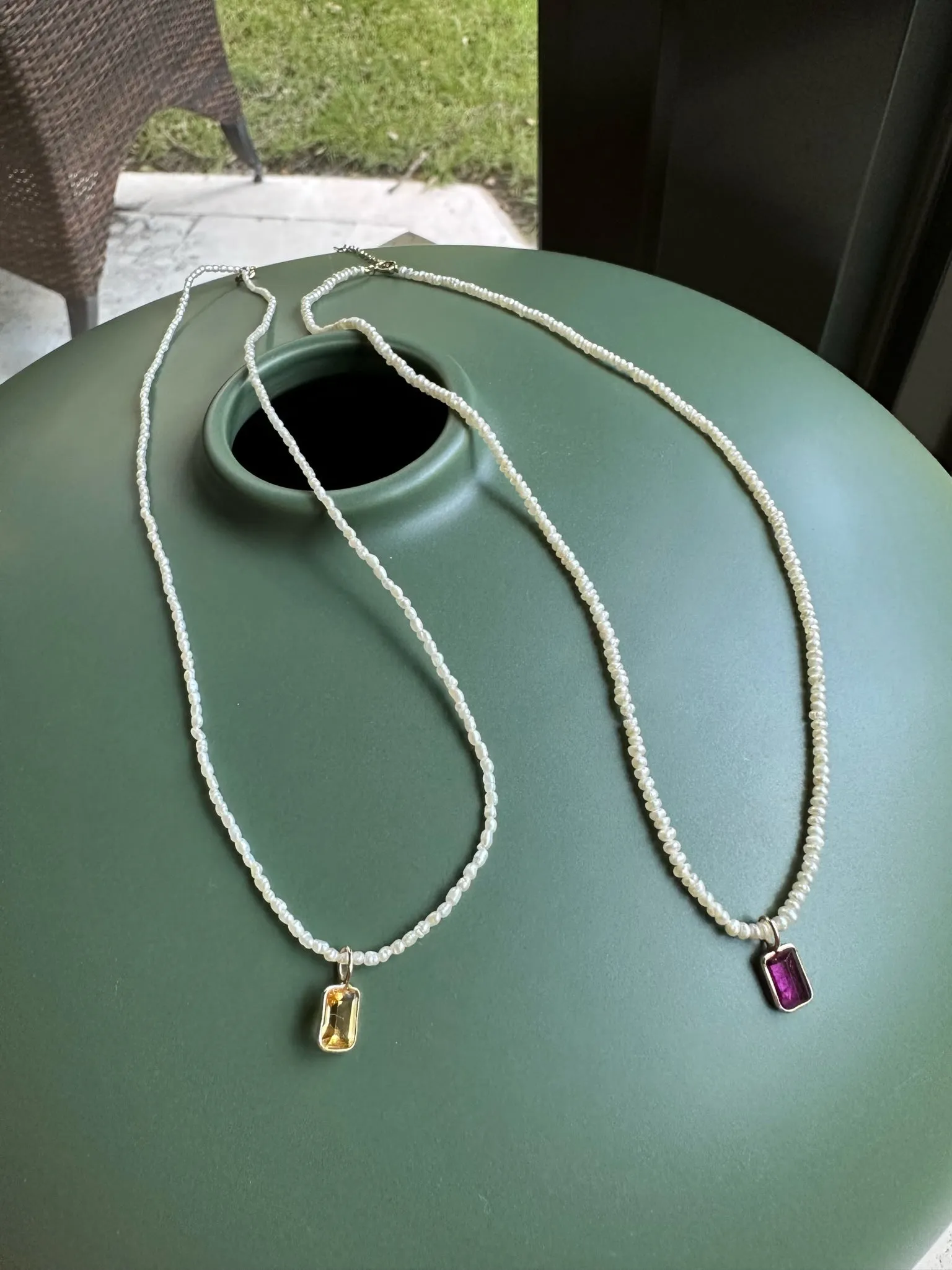 Threaded Seed Pearl Necklace in 14K Yellow Gold with Emerald Cut Pink Tourmaline Pendant