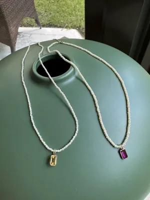 Threaded Seed Pearl Necklace in 14K Yellow Gold with Emerald Cut Pink Tourmaline Pendant