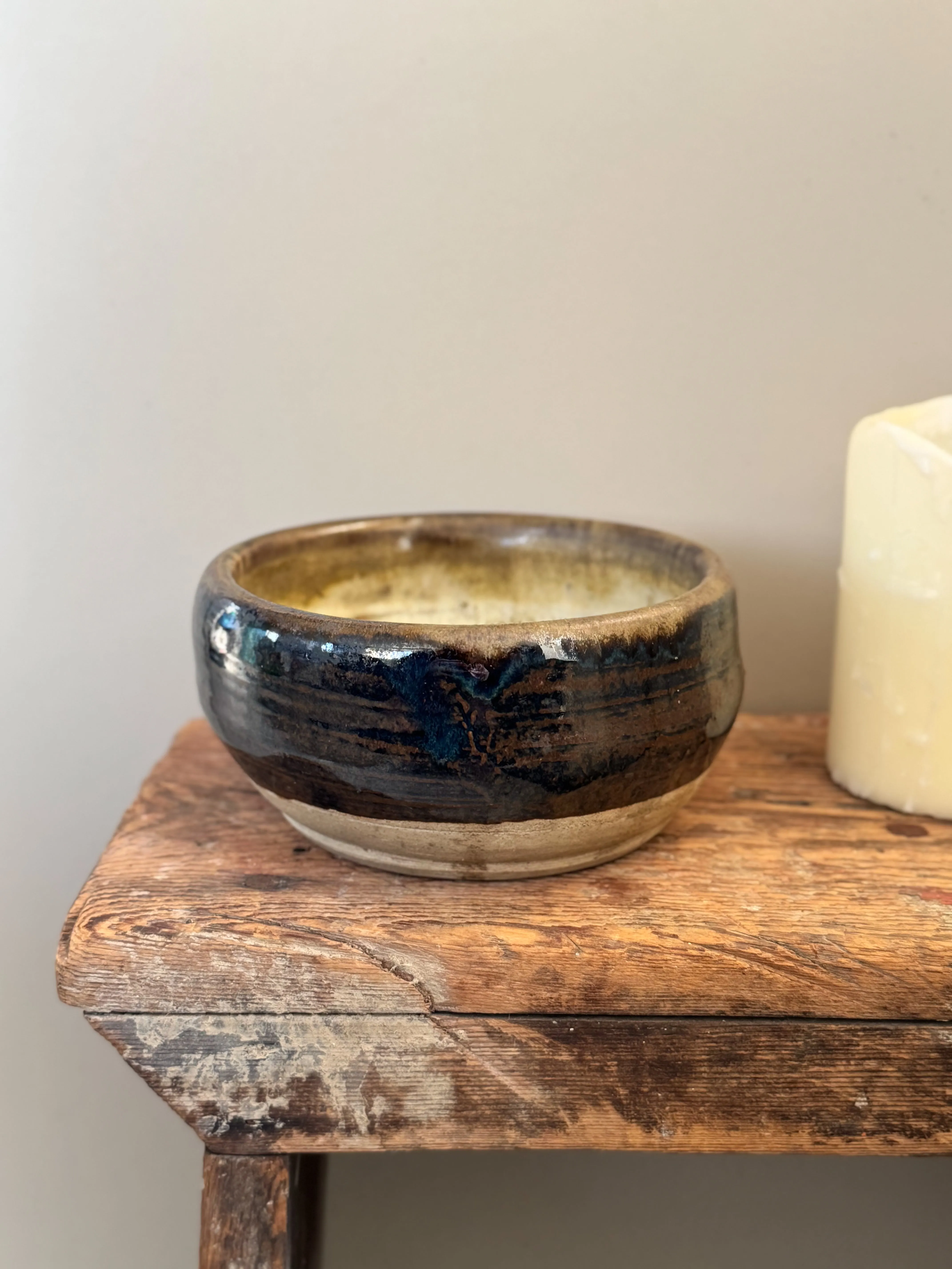 Vintage Studio Pottery Bowl  Rustic Glazed Ceramic Dish / Candle Holder