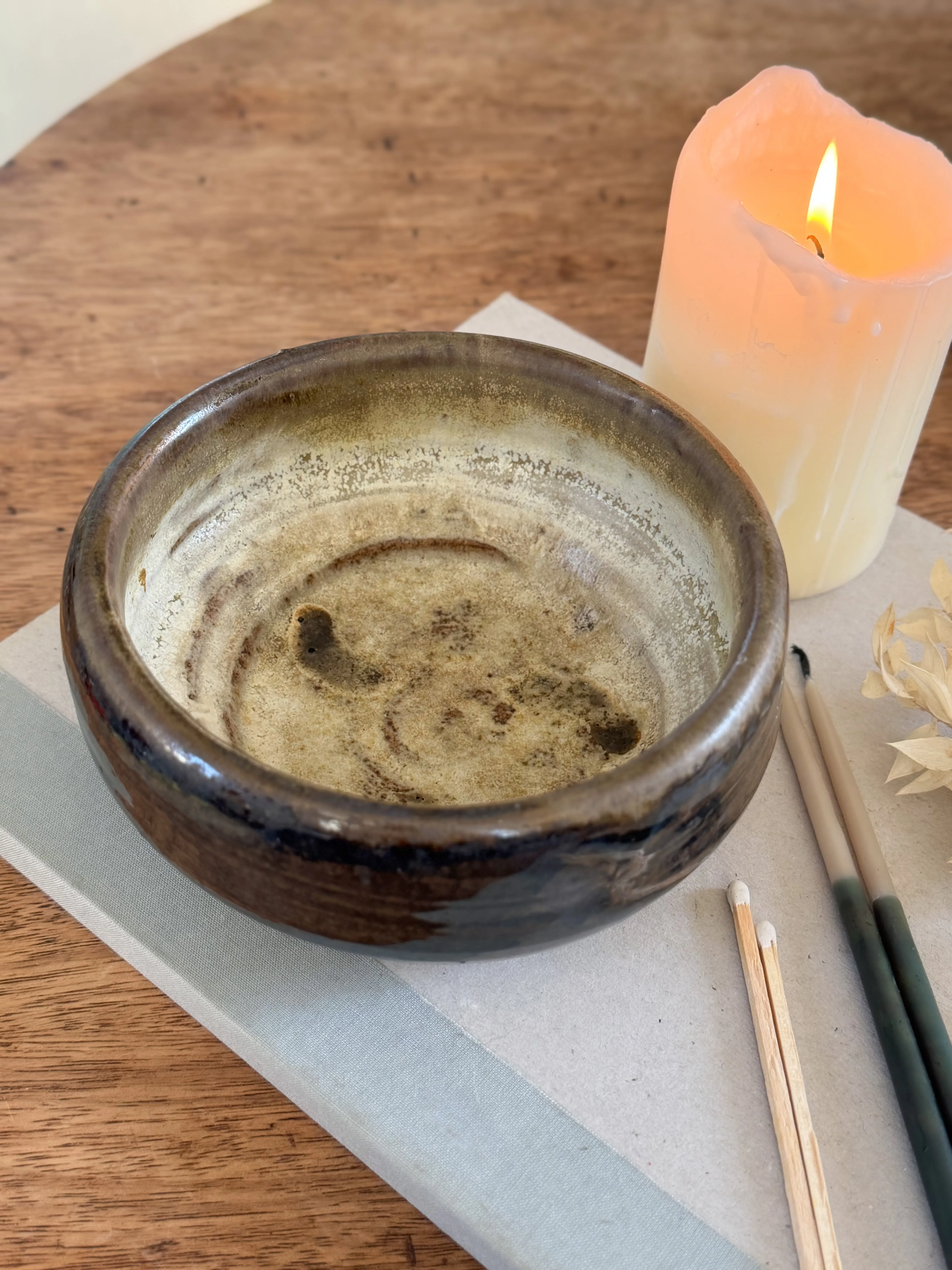 Vintage Studio Pottery Bowl  Rustic Glazed Ceramic Dish / Candle Holder