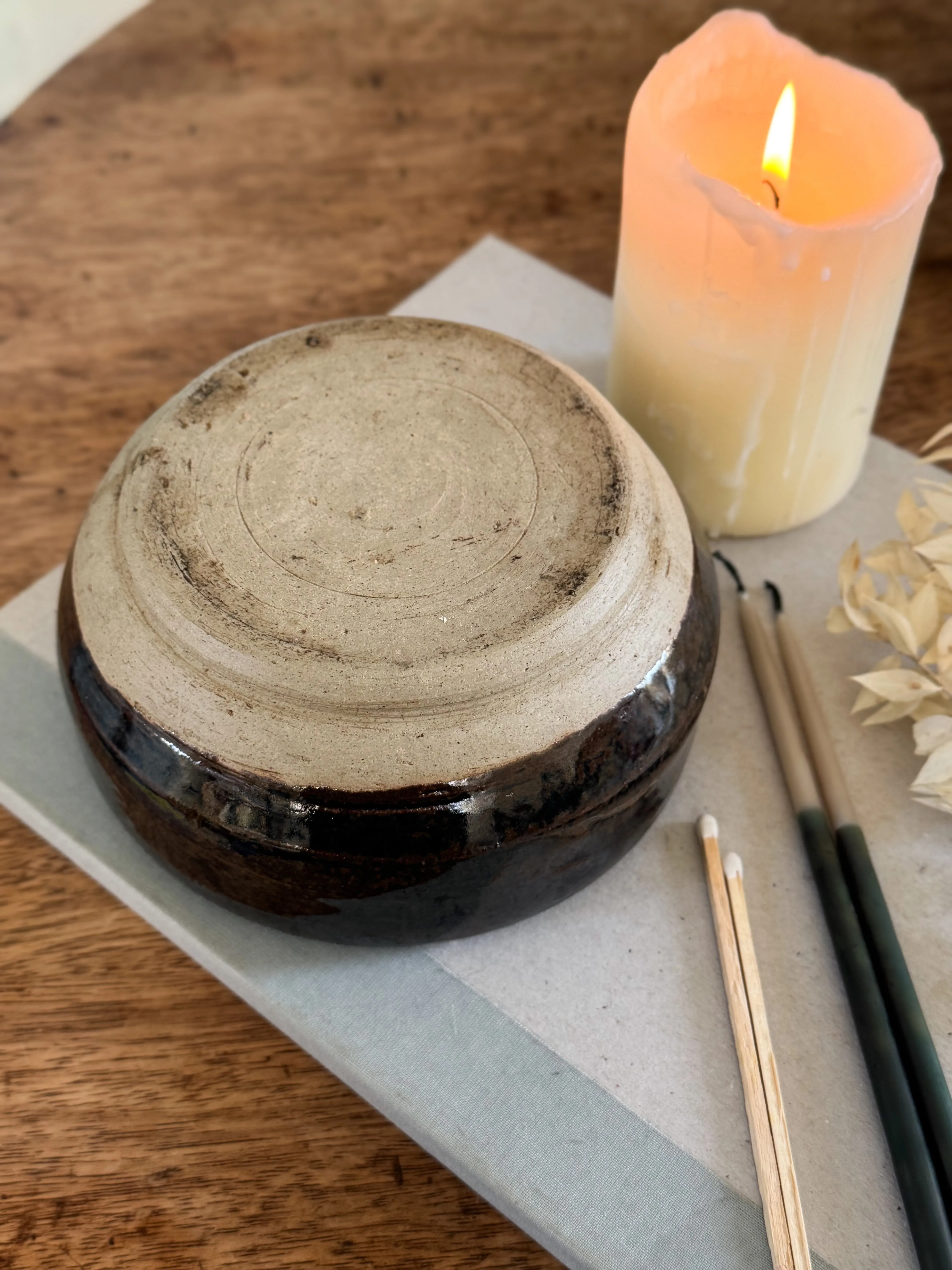 Vintage Studio Pottery Bowl  Rustic Glazed Ceramic Dish / Candle Holder