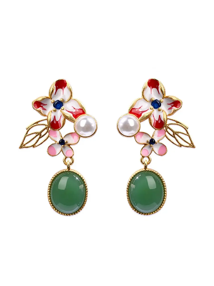 Women Enamel Jade Glod Plate Earrings
